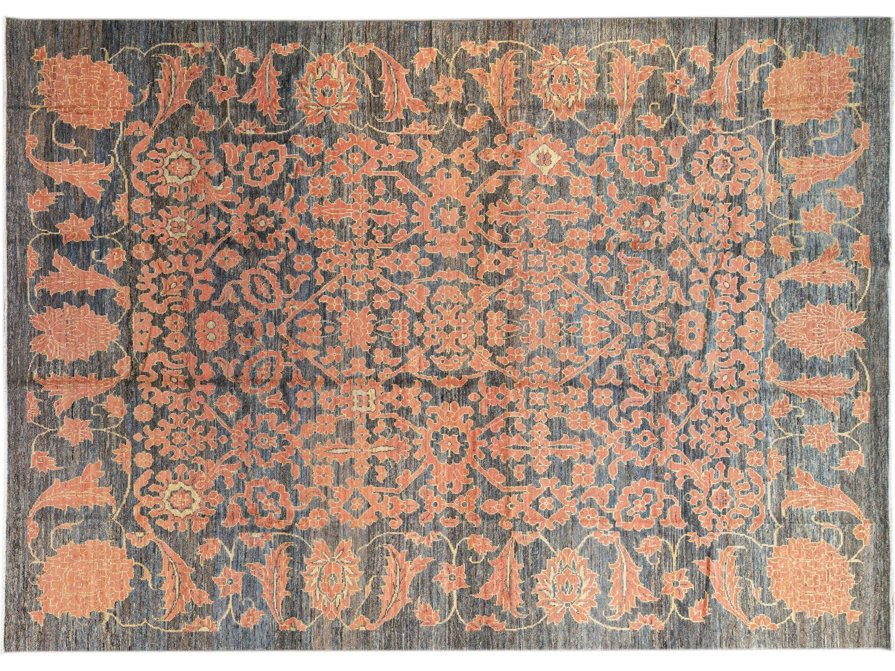 Modern Oushak Handmade Floral Designed Gray and Orange Oversize Wool Rug