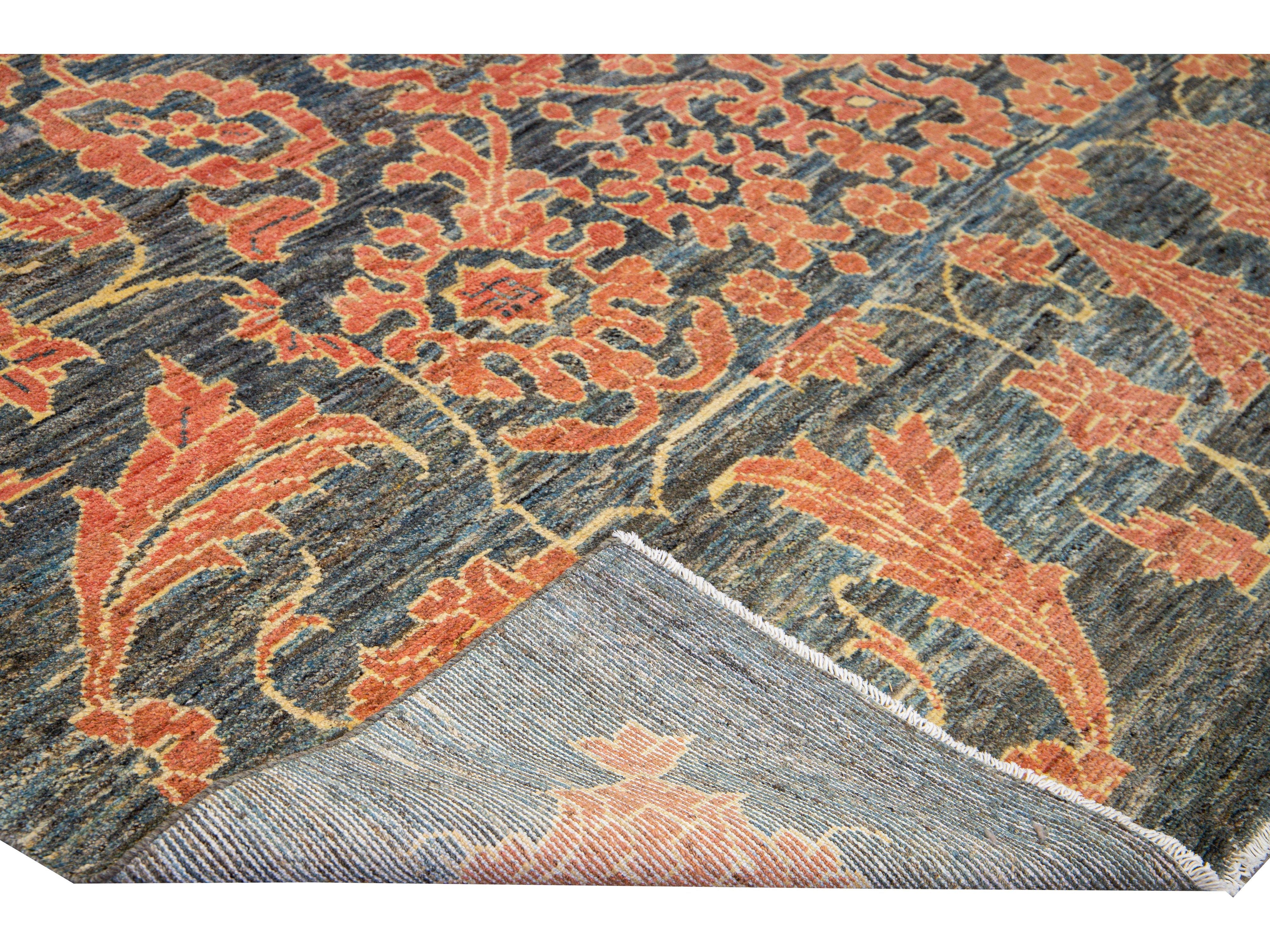 Modern Oushak Handmade Floral Designed Gray and Orange Oversize Wool Rug