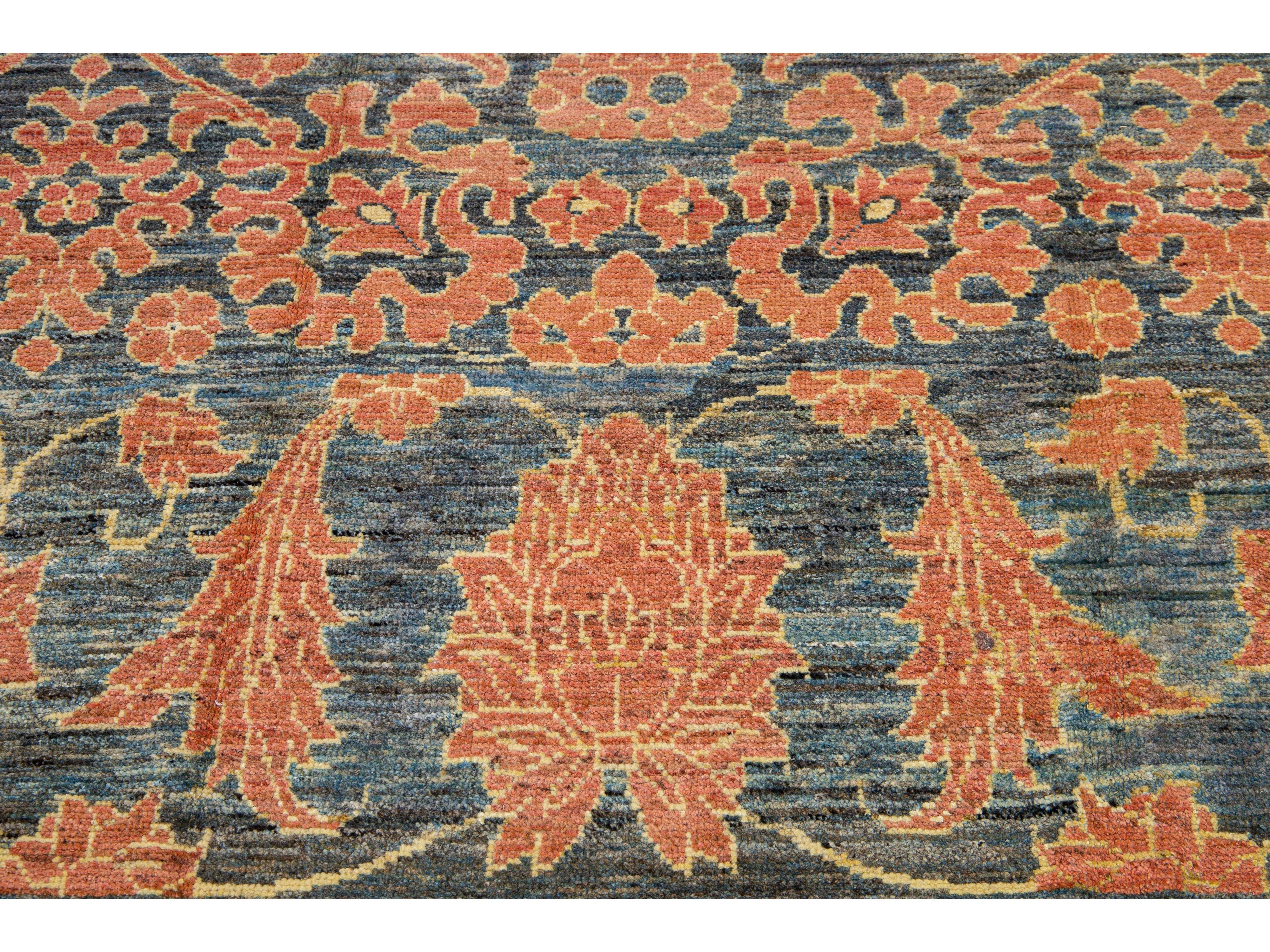 Modern Oushak Handmade Floral Designed Gray and Orange Oversize Wool Rug