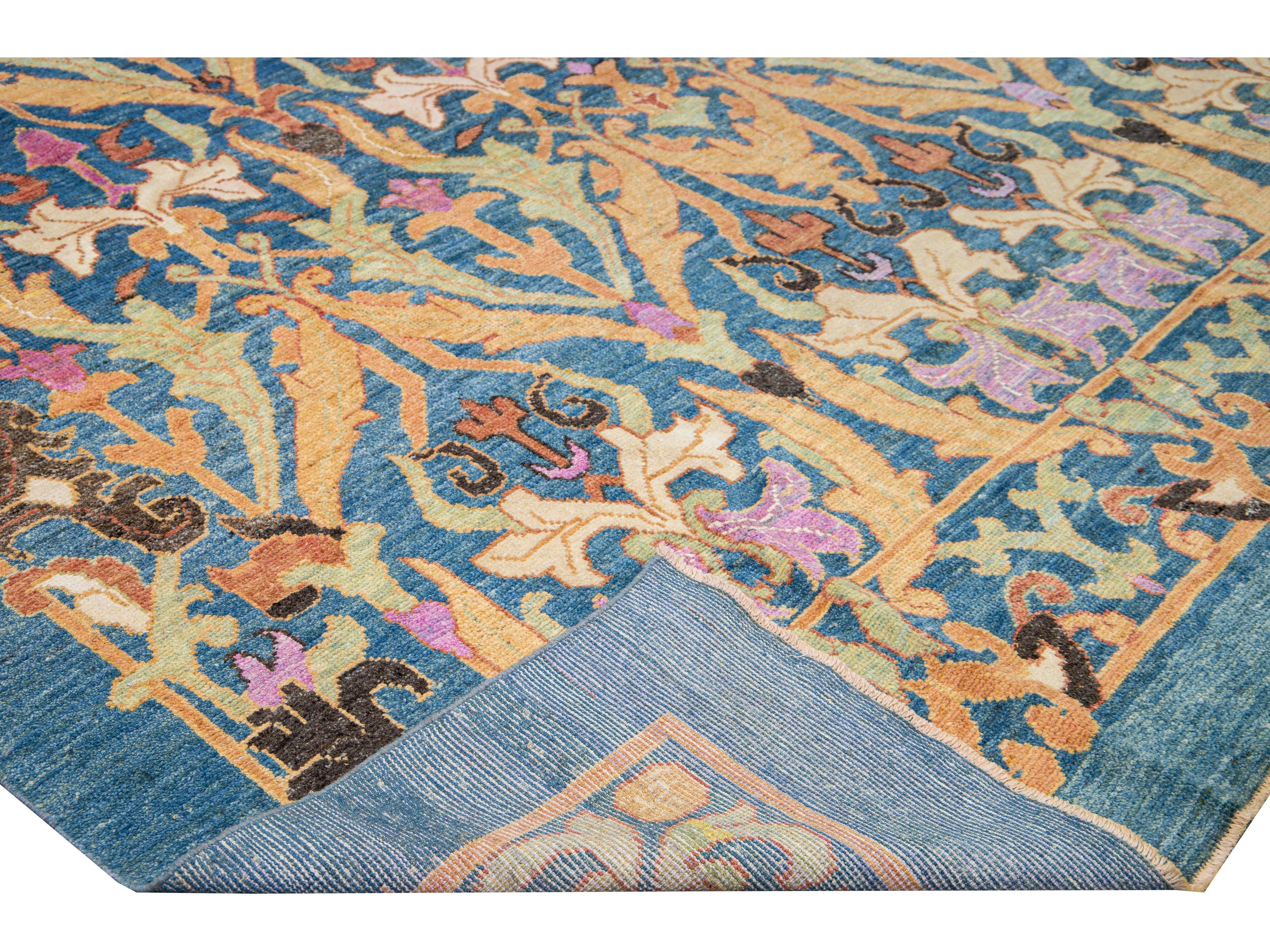 Modern Oushak Handmade Floral Pattern Blue Oversize Wool Rug