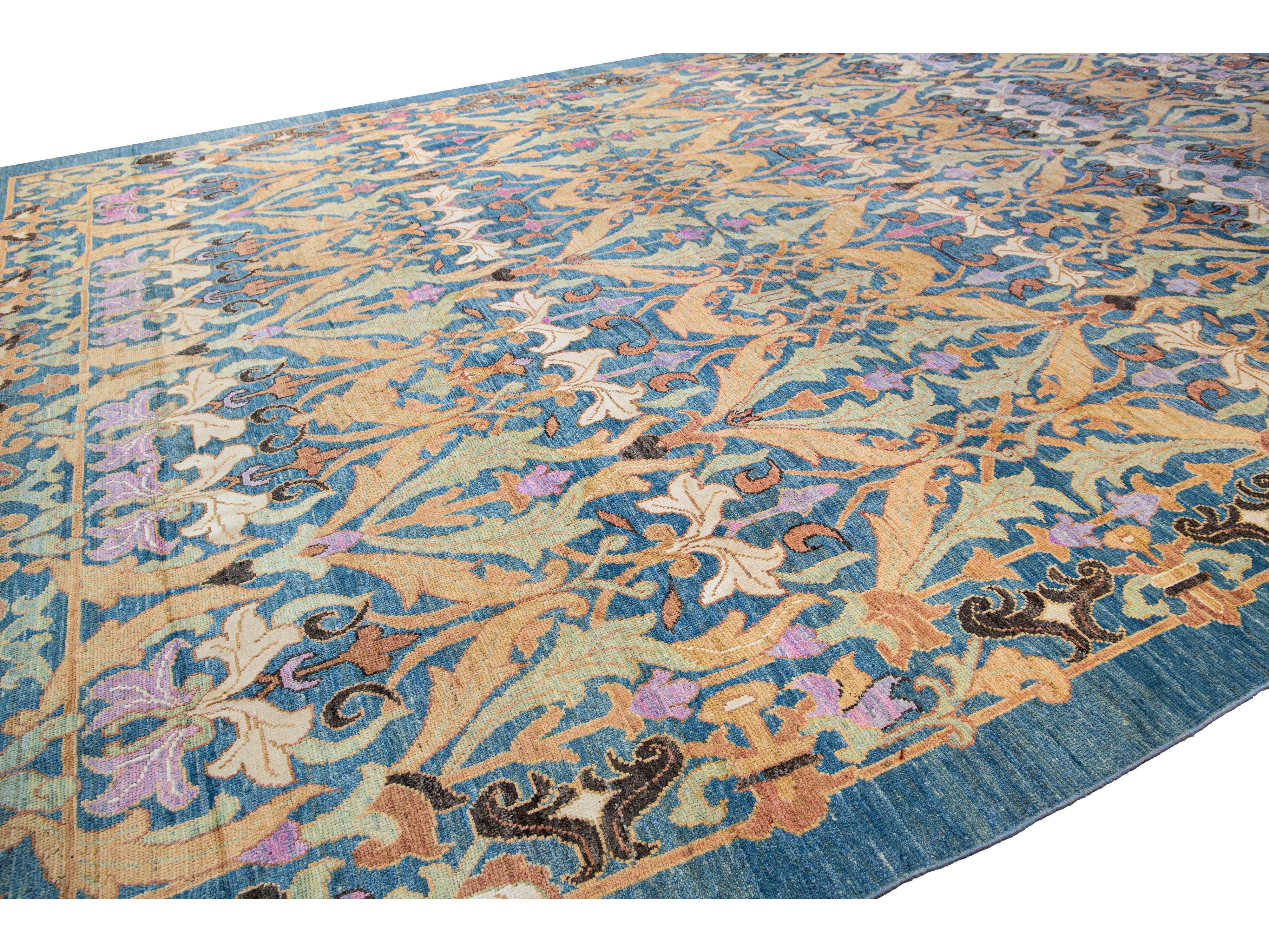 Modern Oushak Handmade Floral Pattern Blue Oversize Wool Rug