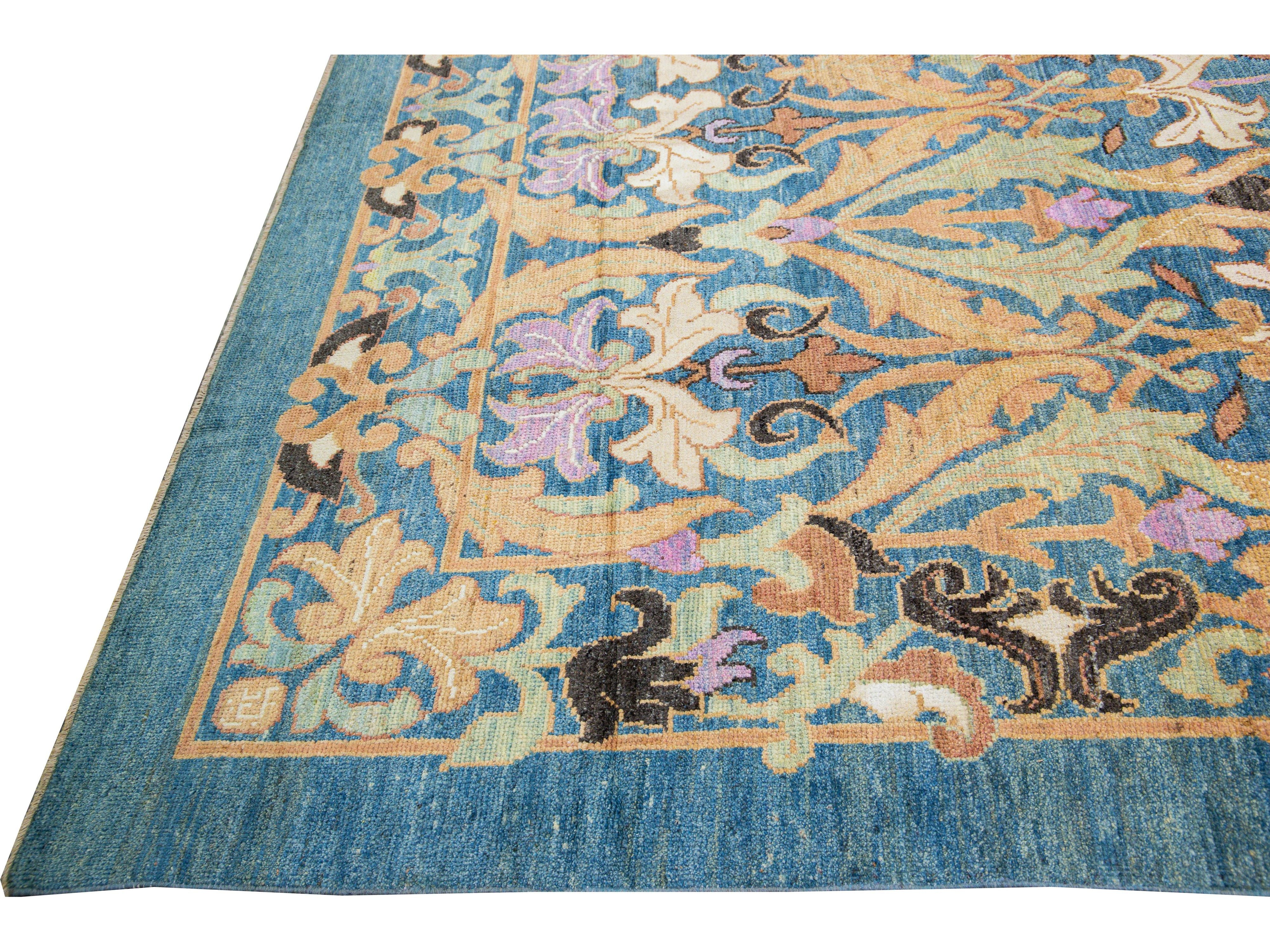 Modern Oushak Handmade Floral Pattern Blue Oversize Wool Rug
