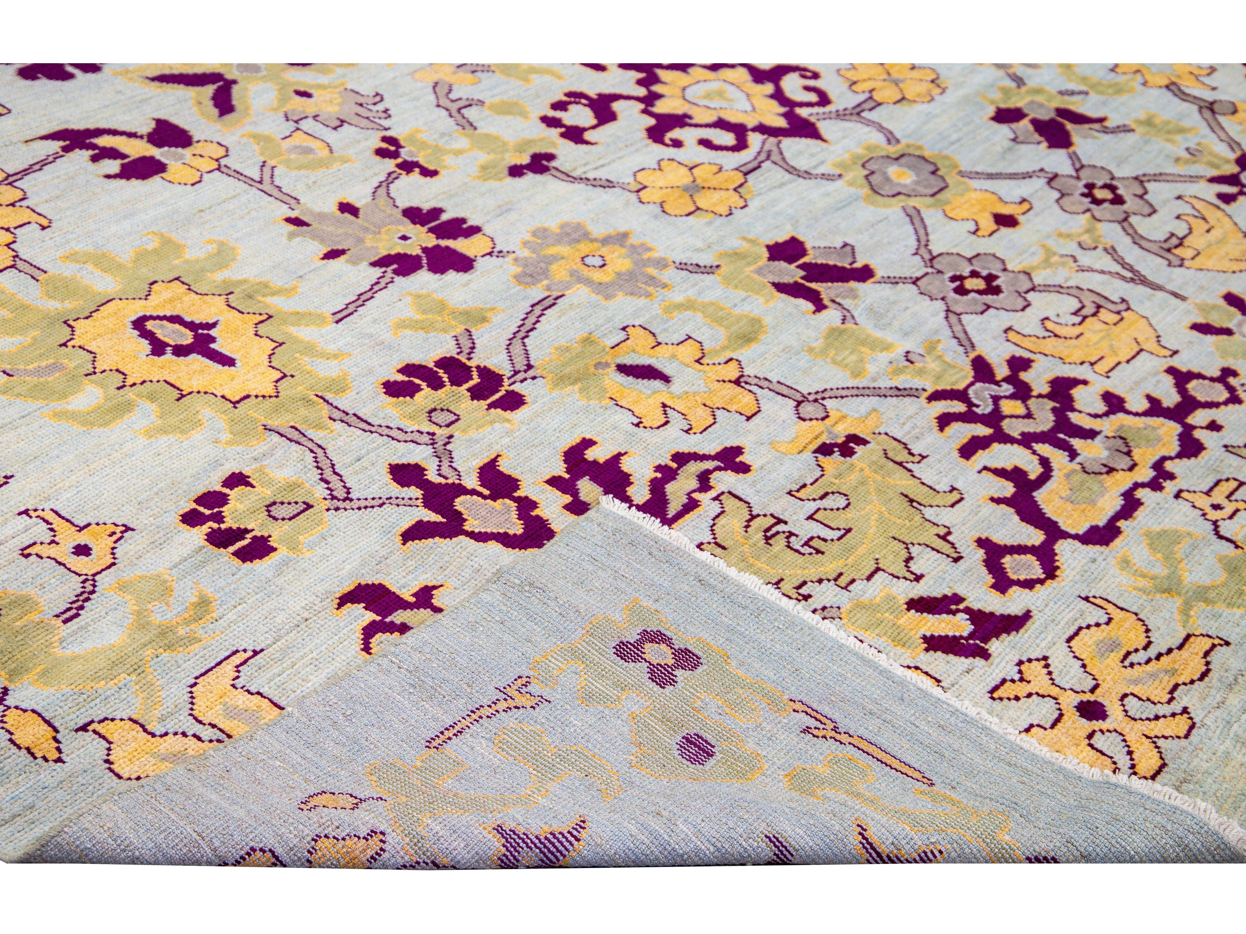 Modern Oushak Blue Handmade Floral Oversize Wool Rug