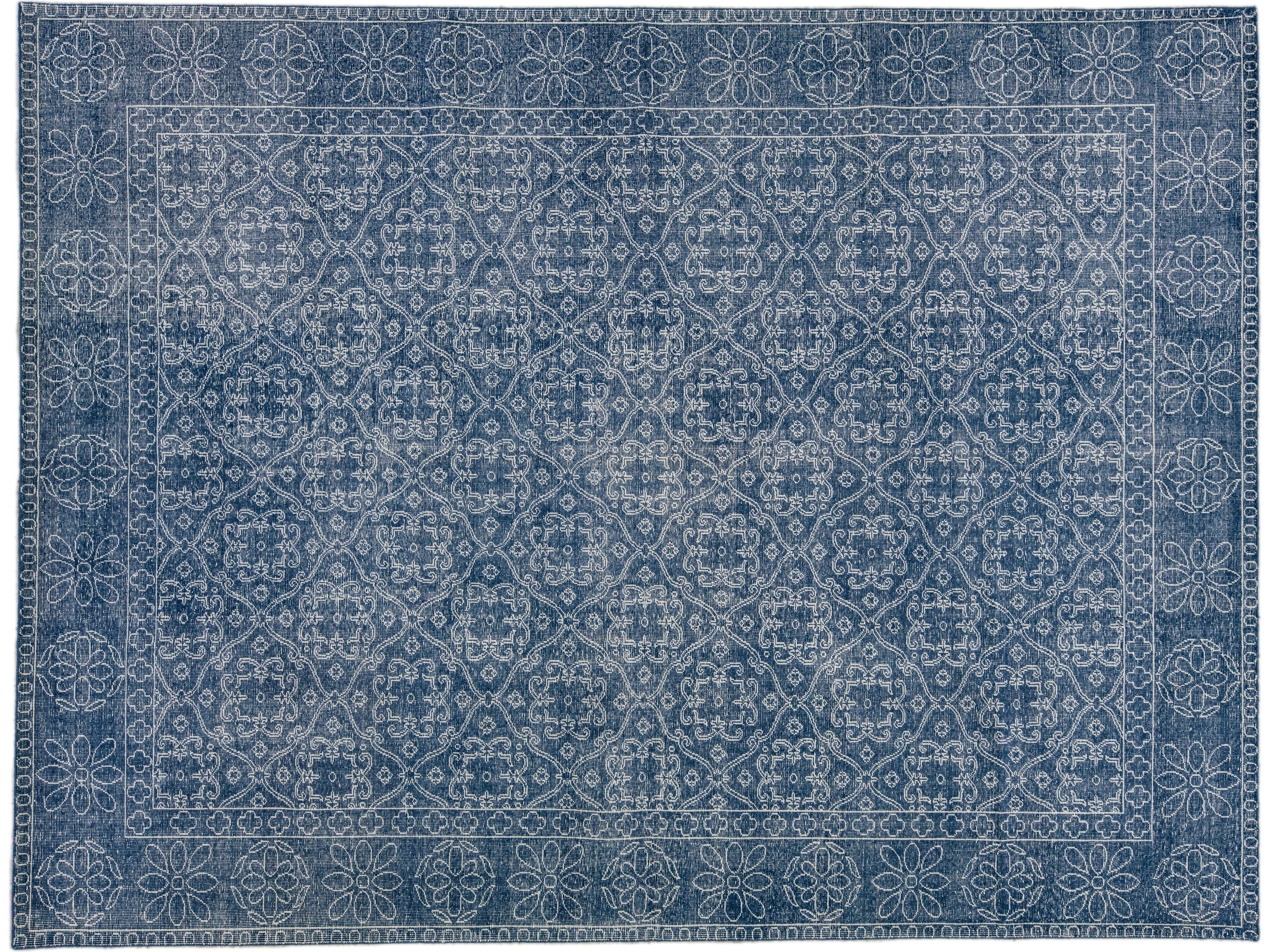 Blue Mid-Century Modern Style Handmade Floral Trellis Motif Wool Rug