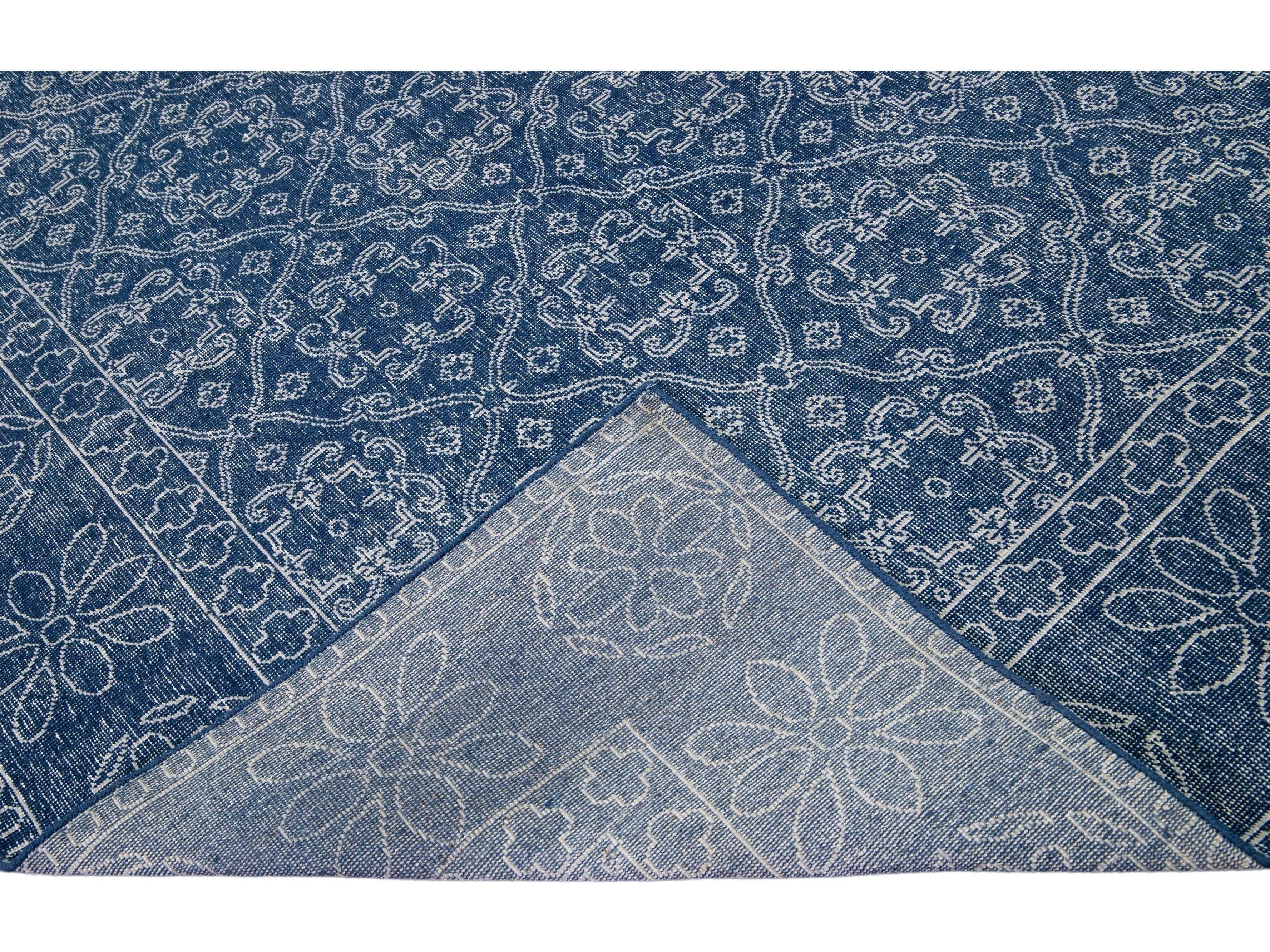 Blue Mid-Century Modern Style Handmade Floral Trellis Motif Wool Rug