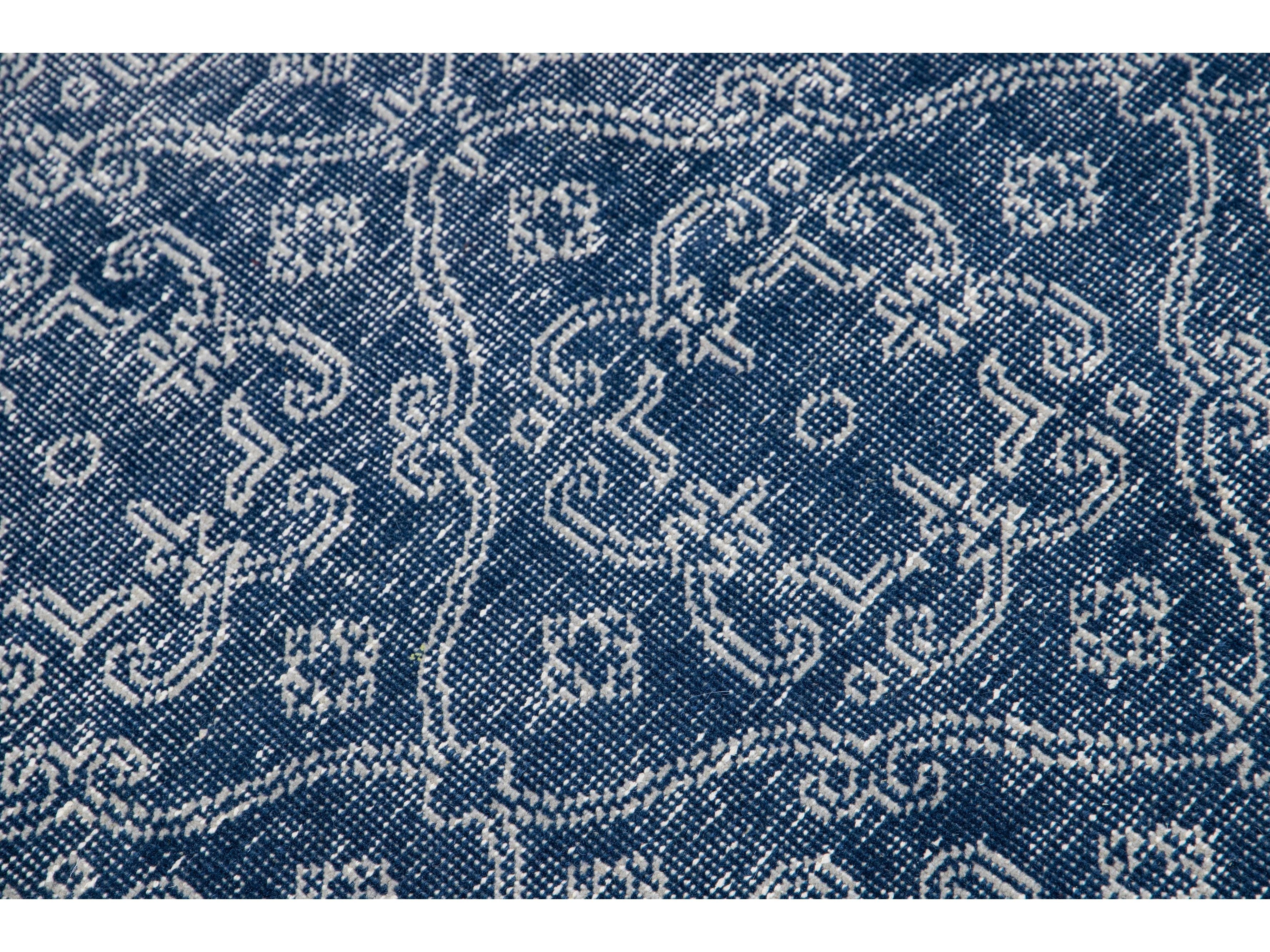 Blue Mid-Century Modern Style Handmade Floral Trellis Motif Wool Rug