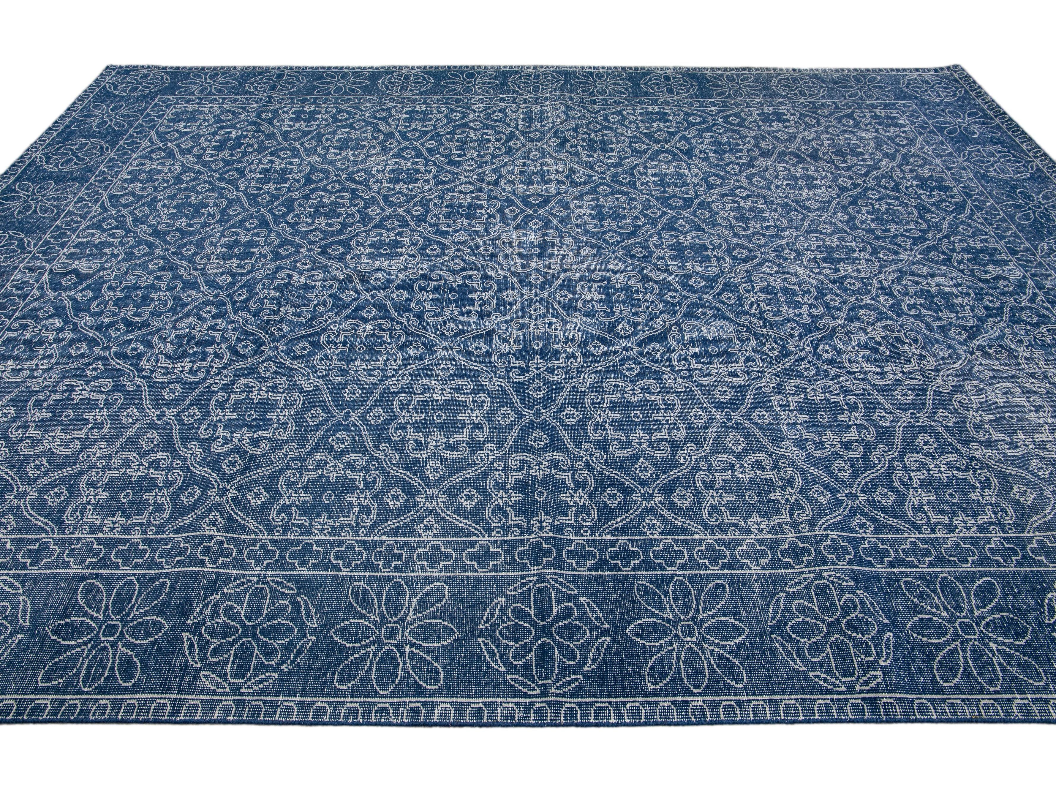 Blue Mid-Century Modern Style Handmade Floral Trellis Motif Wool Rug