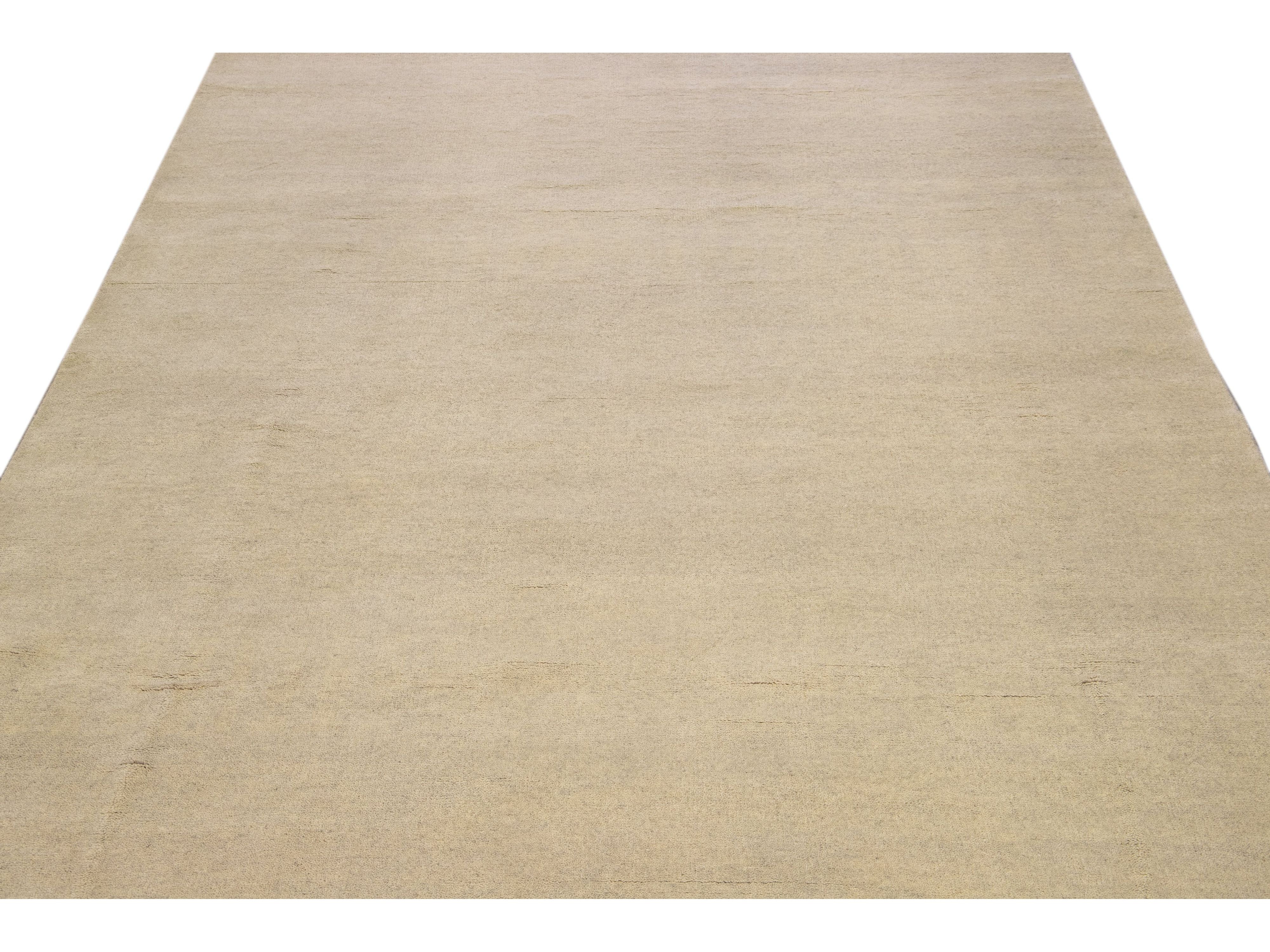 Modern Moroccan Style Handmade Solid Beige Wool Rug