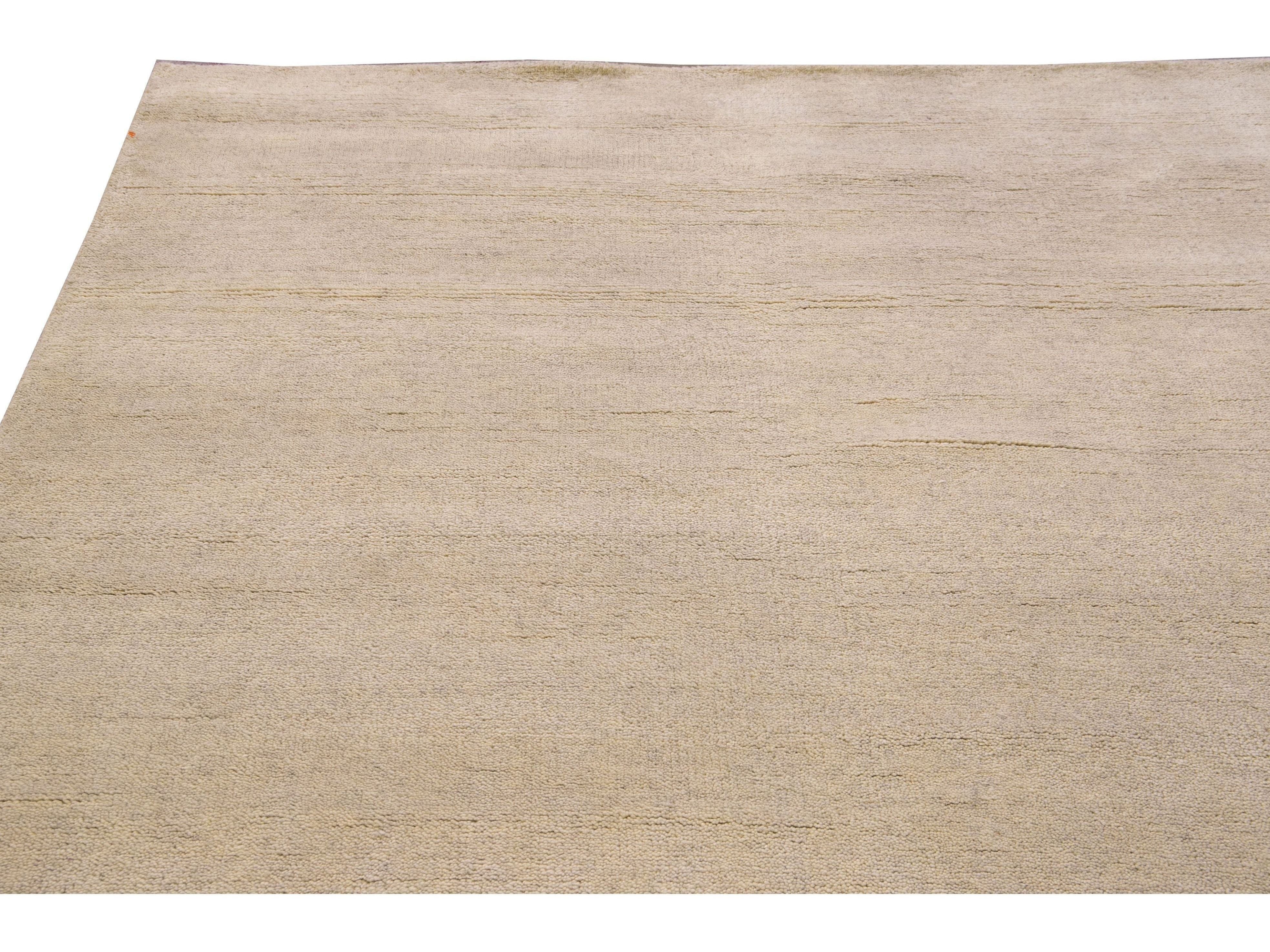 Modern Moroccan Style Handmade Solid Beige Wool Rug