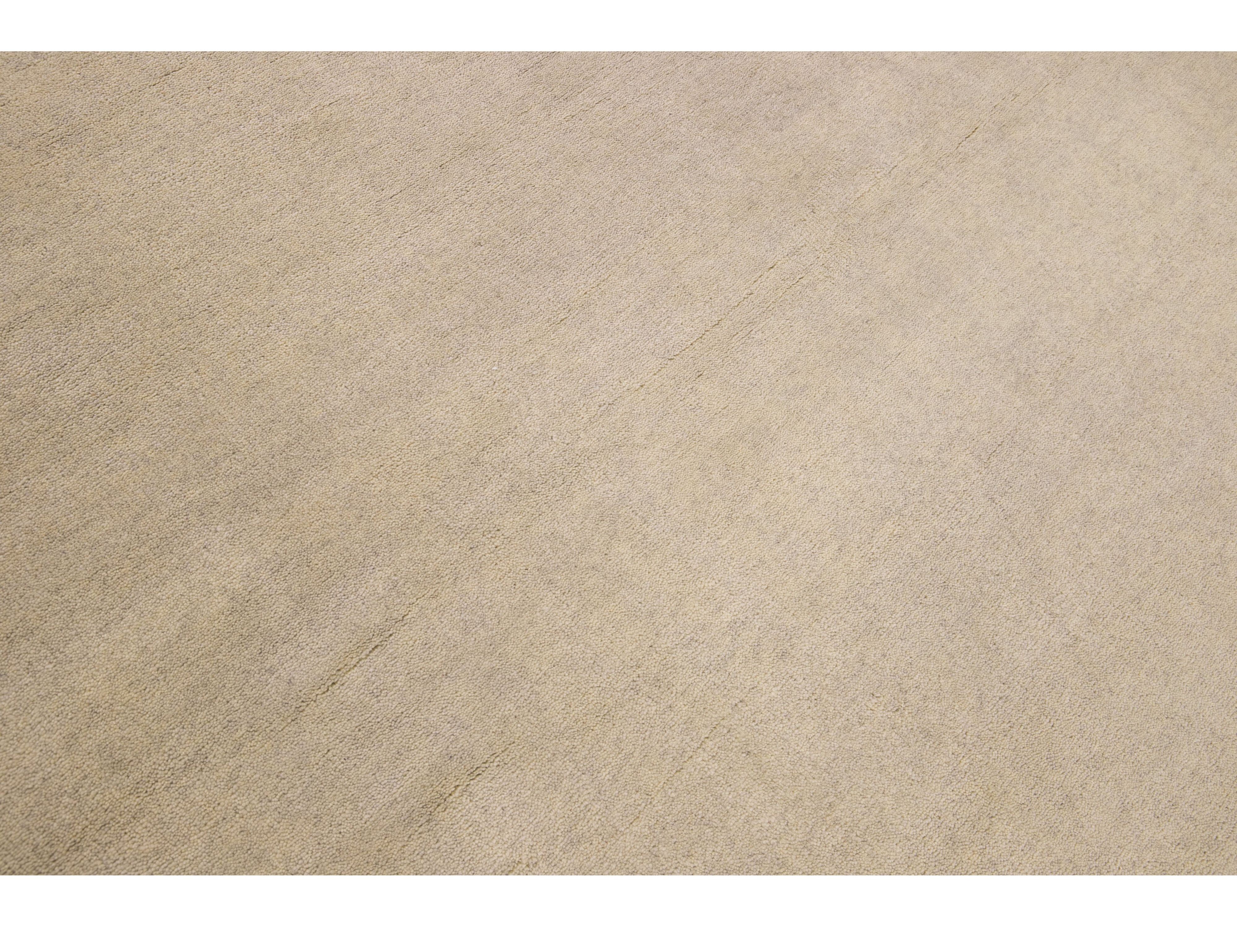 Modern Moroccan Style Handmade Solid Beige Wool Rug