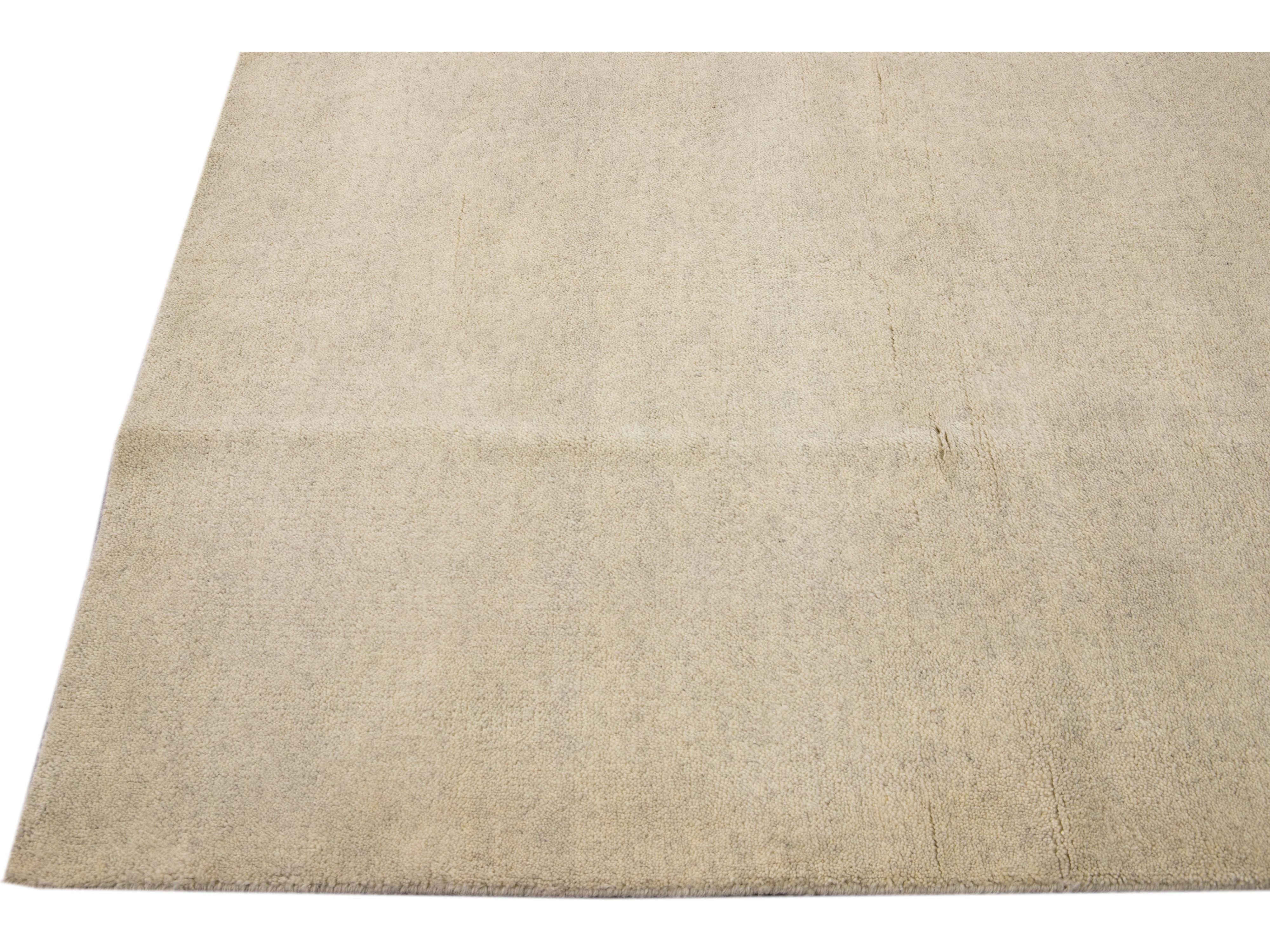 Modern Moroccan Style Handmade Solid Beige Wool Rug