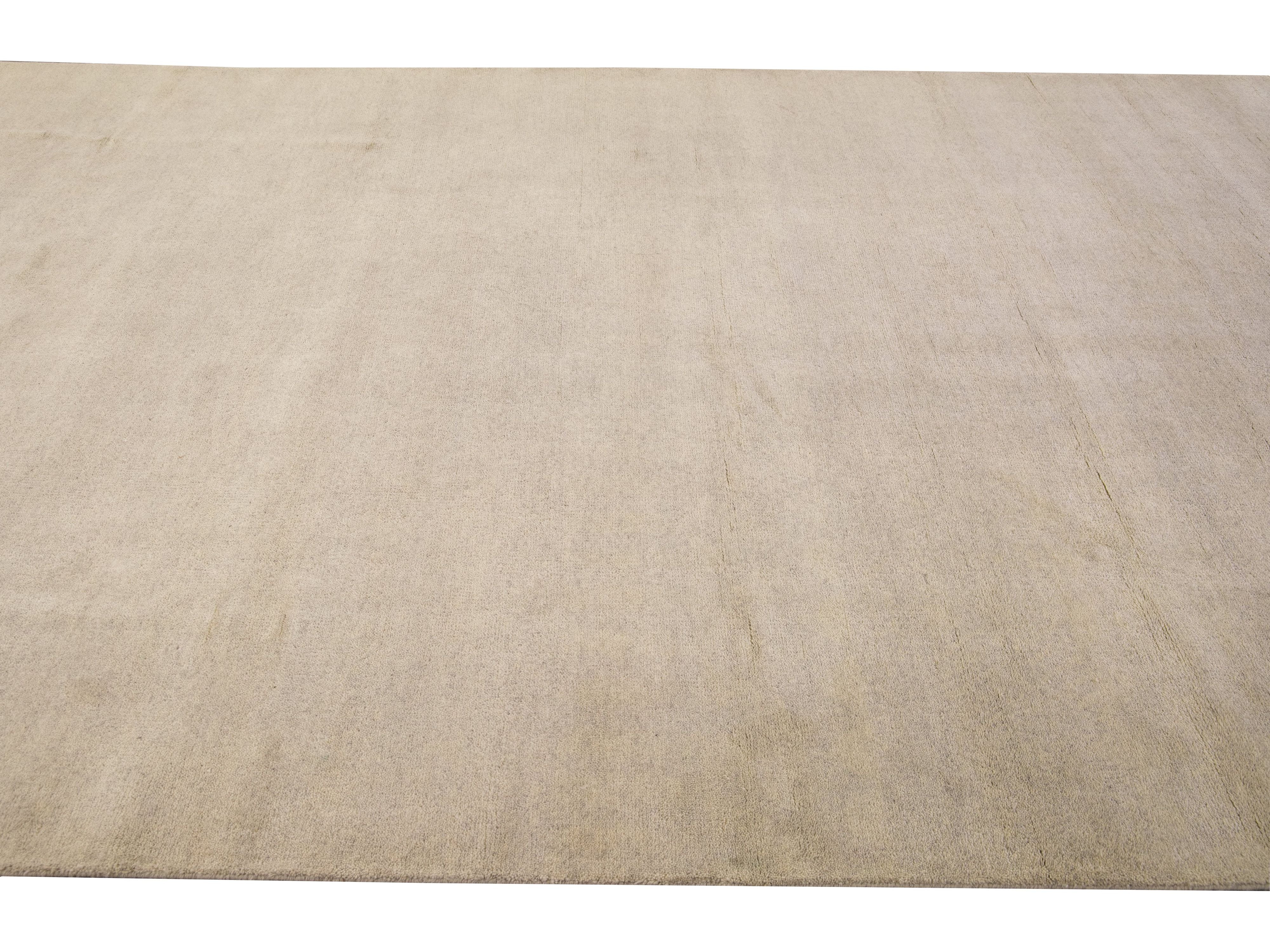 Modern Moroccan Style Handmade Solid Beige Wool Rug
