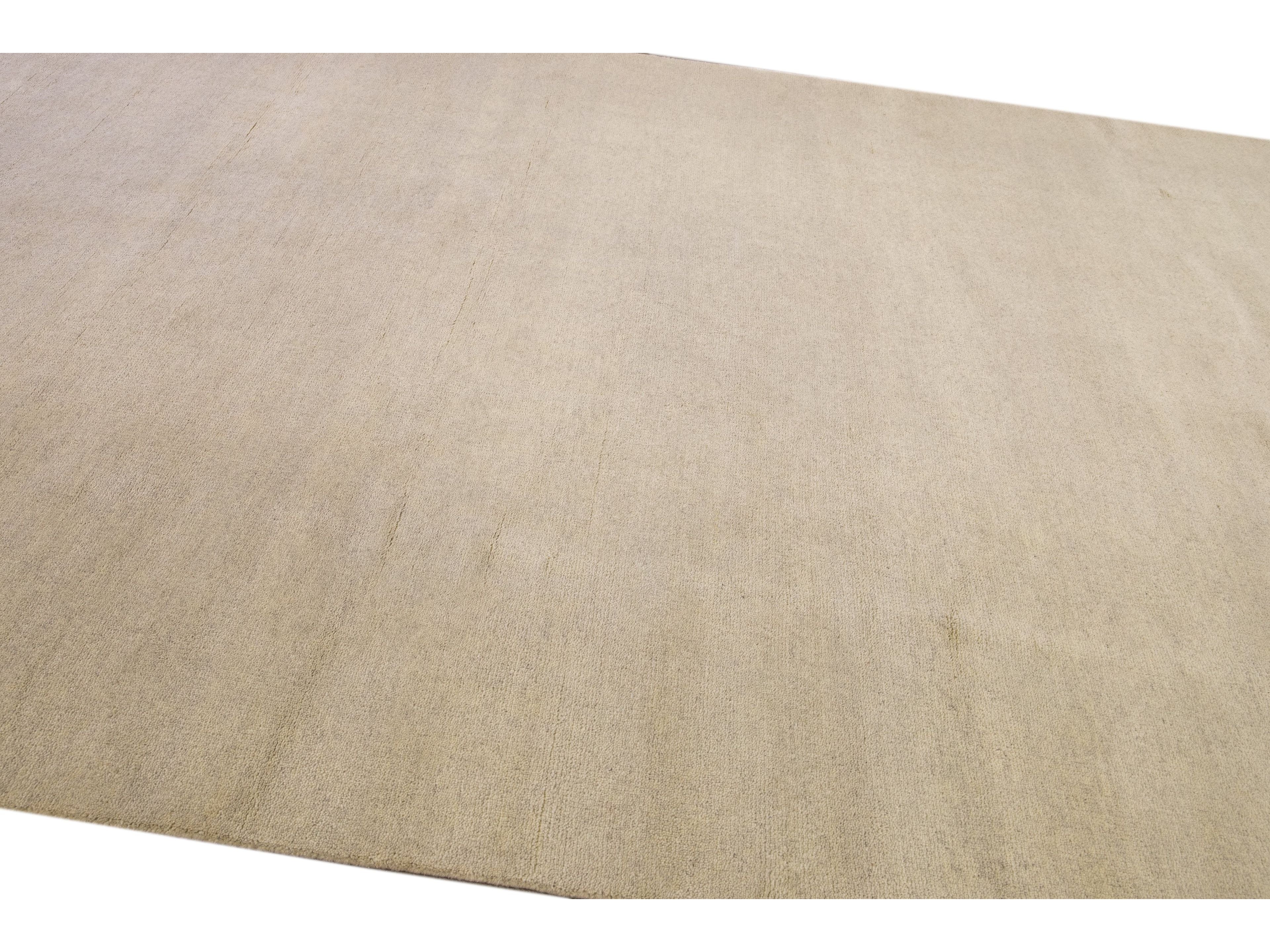 Modern Moroccan Style Handmade Solid Beige Wool Rug