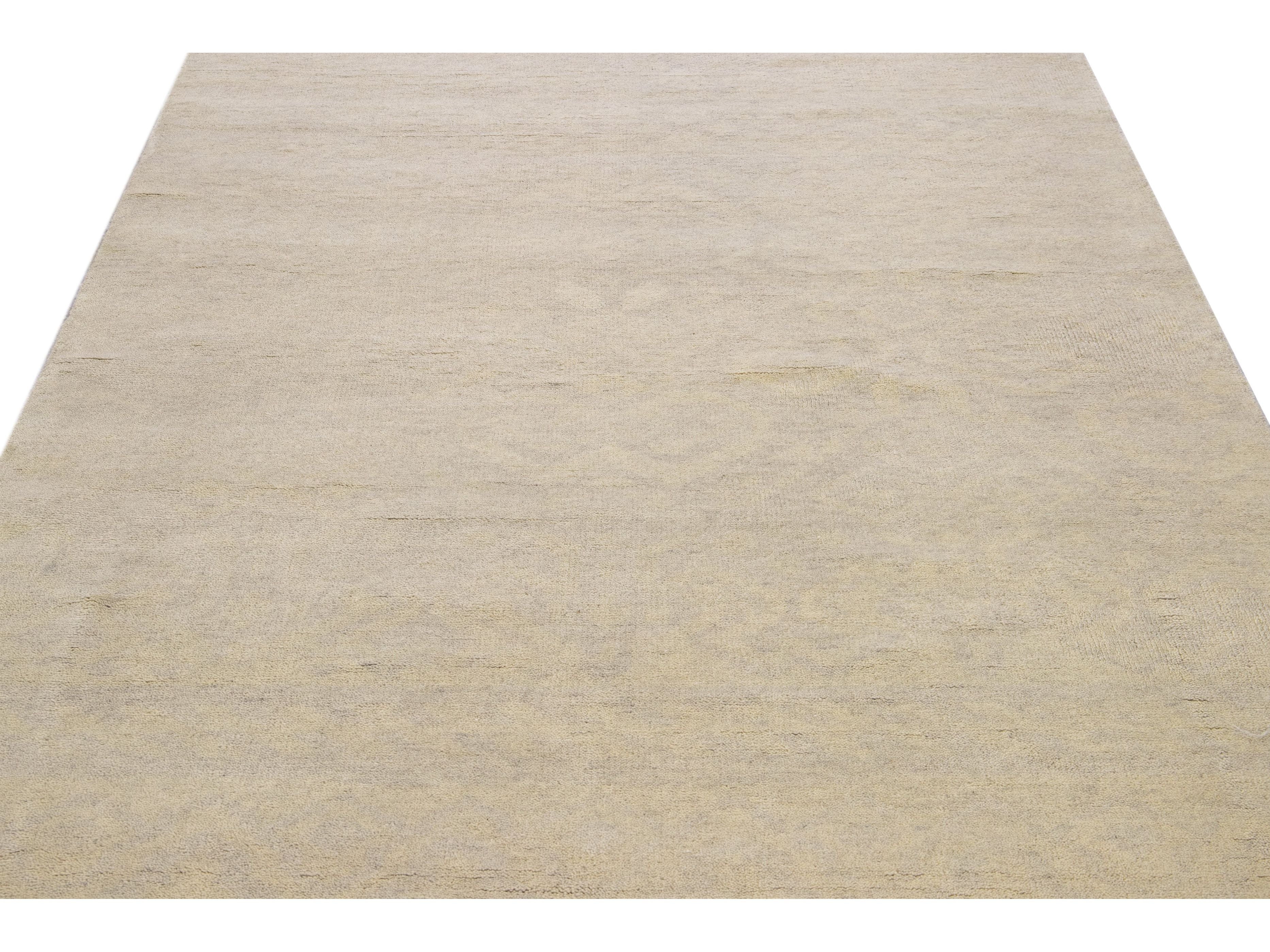 Modern Moroccan Style Handmade Seamless Beige Wool Rug