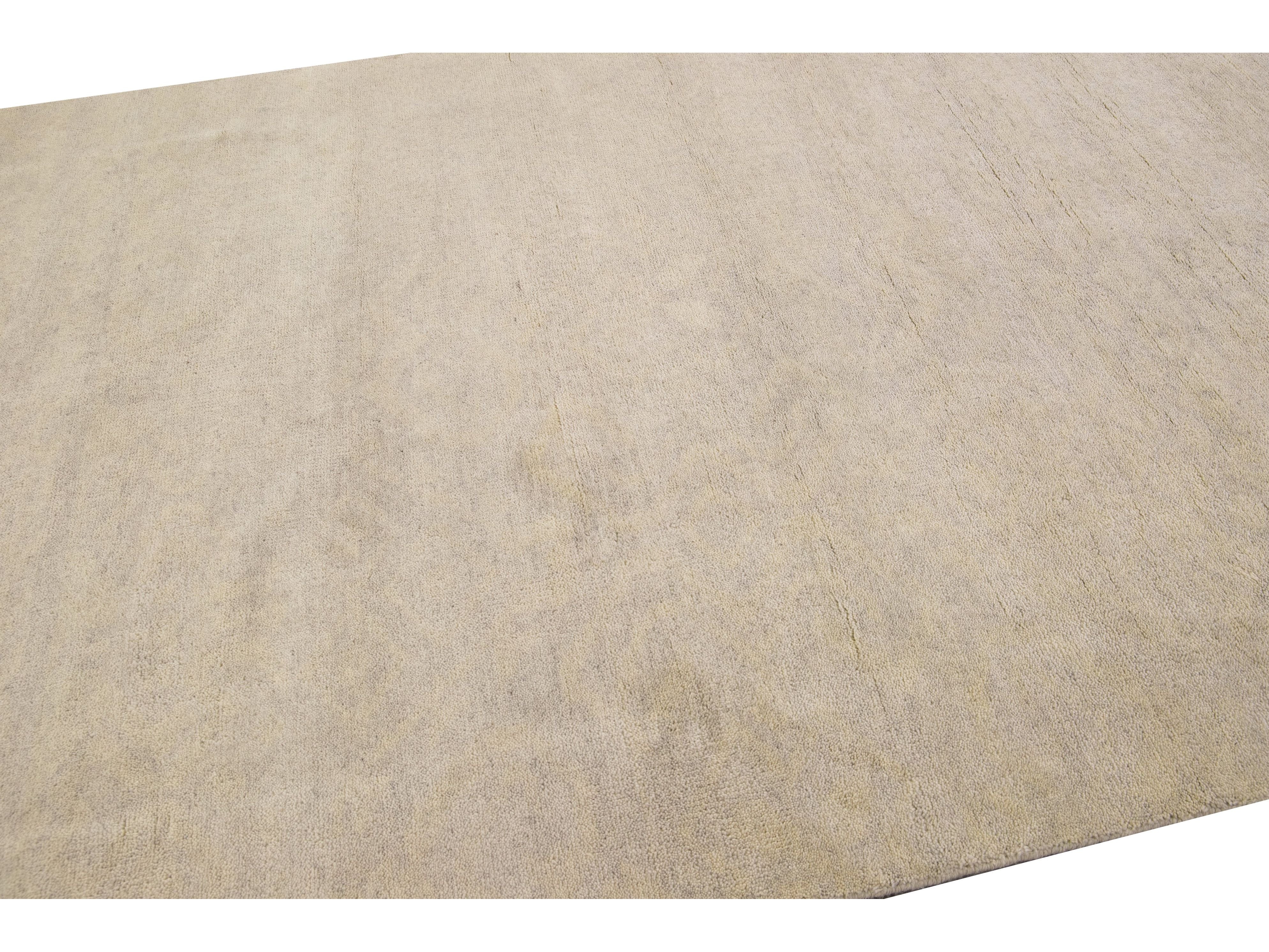 Modern Moroccan Style Handmade Seamless Beige Wool Rug