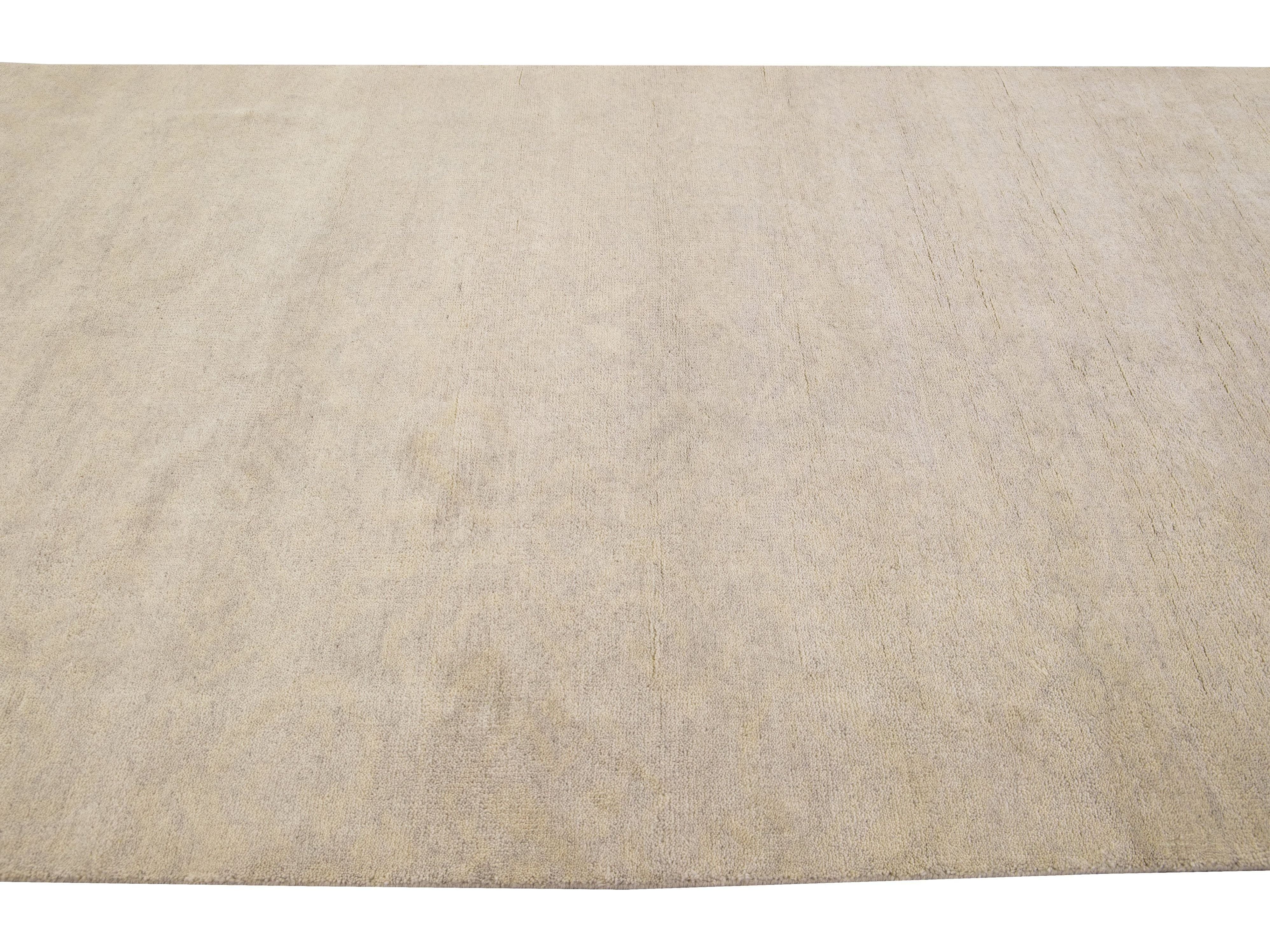 Modern Moroccan Style Handmade Seamless Beige Wool Rug
