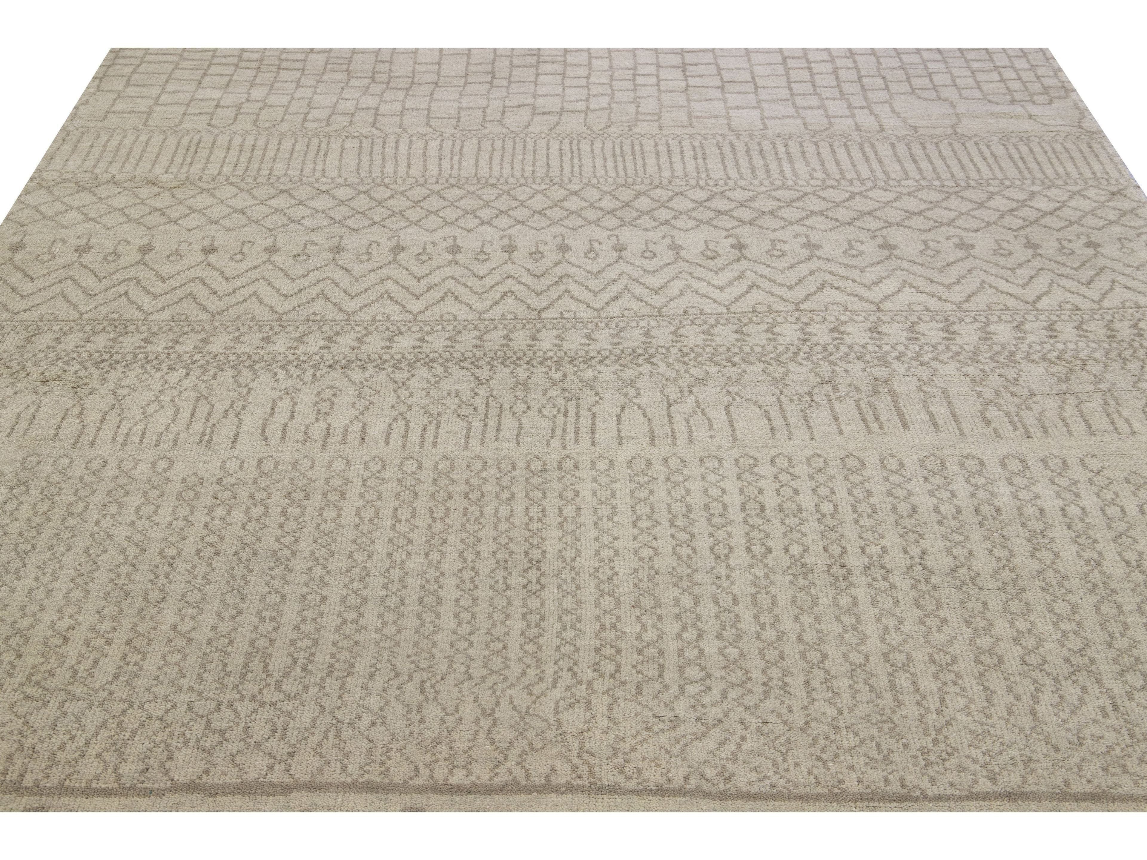 Modern Moroccan Style Handmade Designed Beige Wool Rug