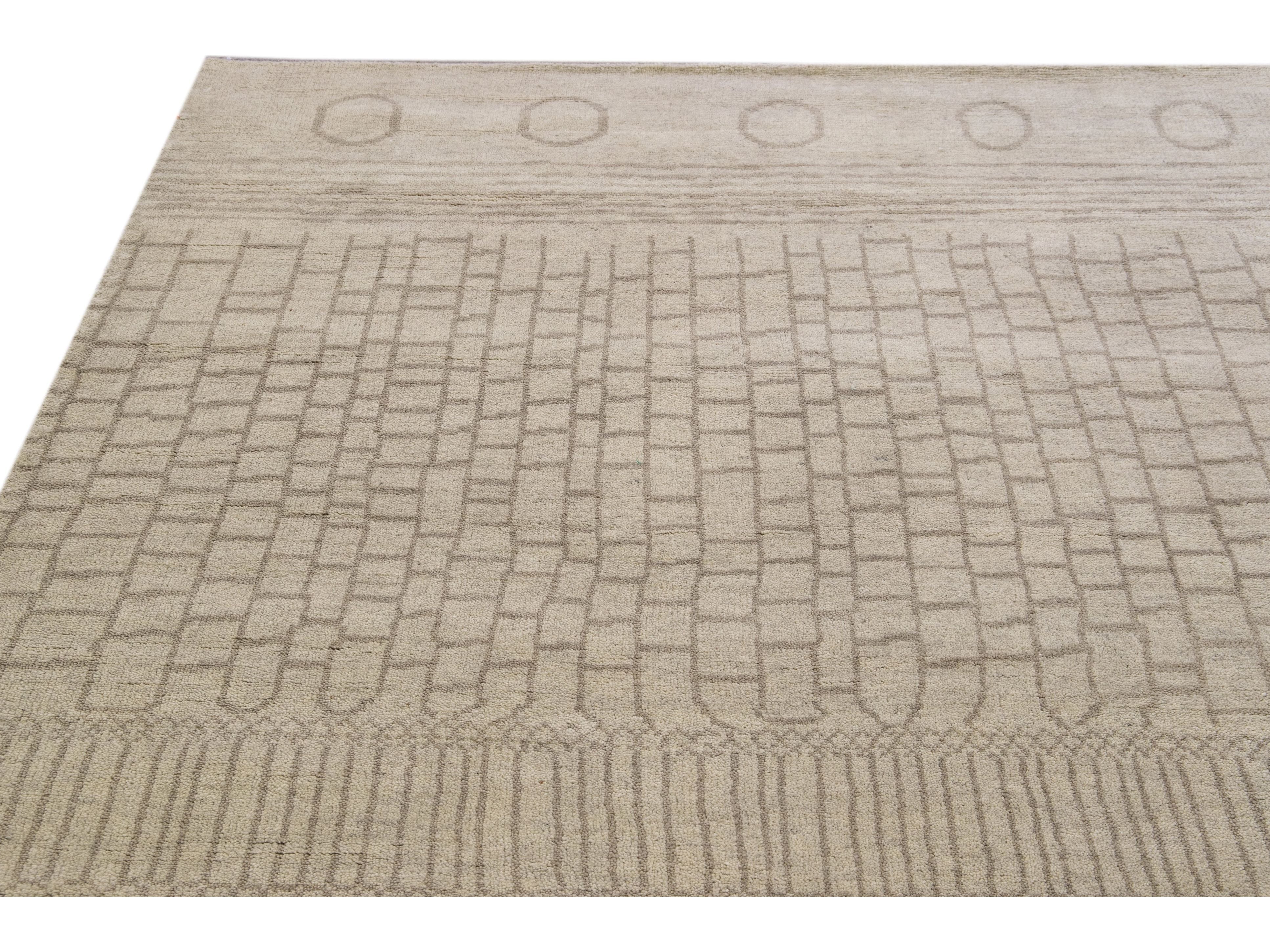 Modern Moroccan Style Handmade Designed Beige Wool Rug