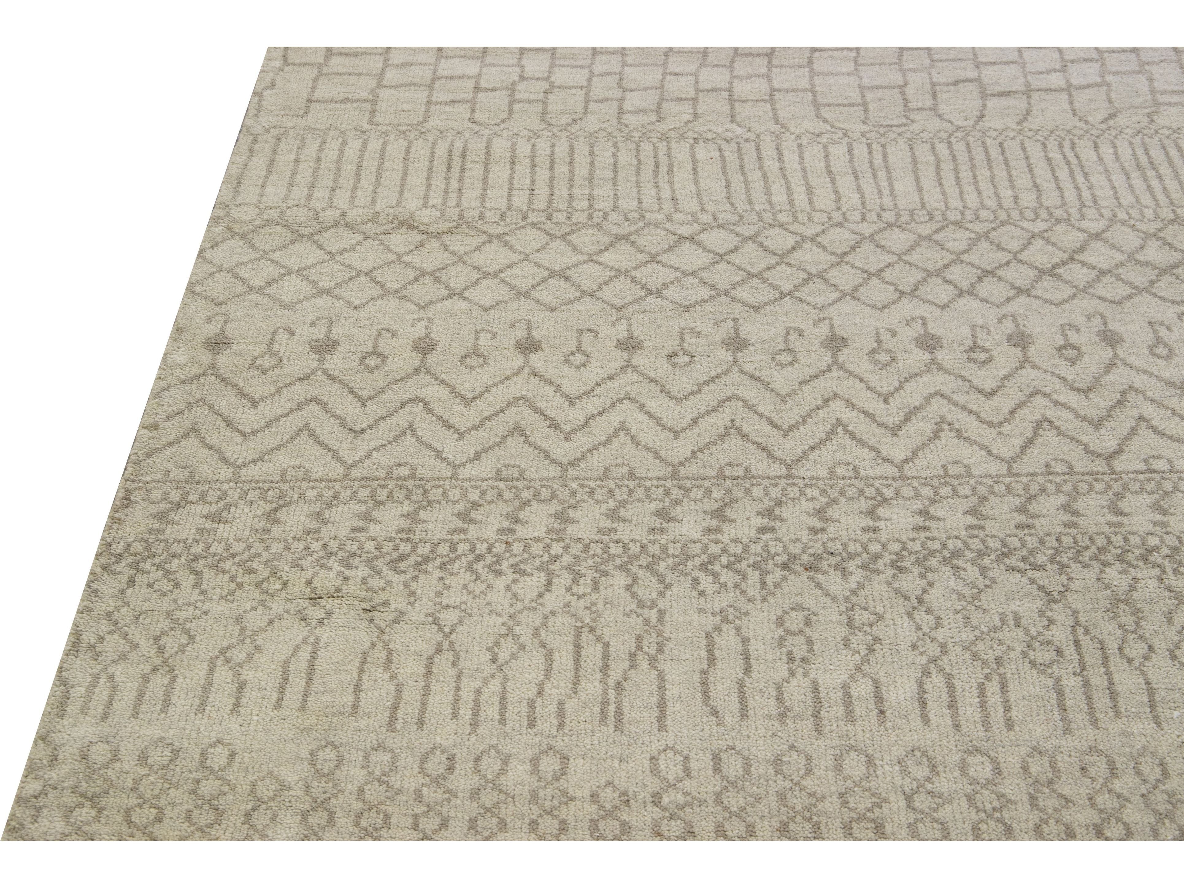 Modern Moroccan Style Handmade Designed Beige Wool Rug