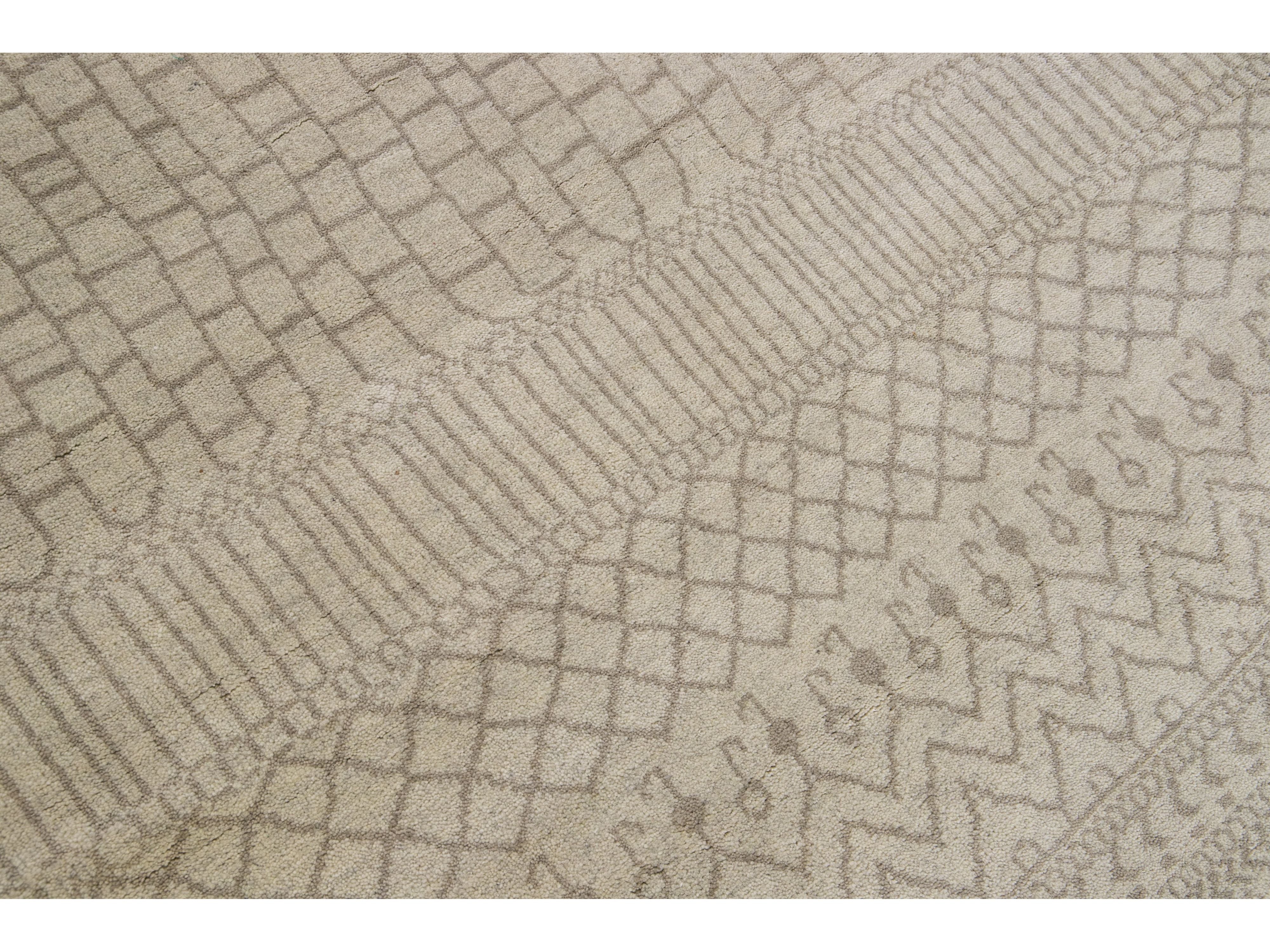 Modern Moroccan Style Handmade Designed Beige Wool Rug