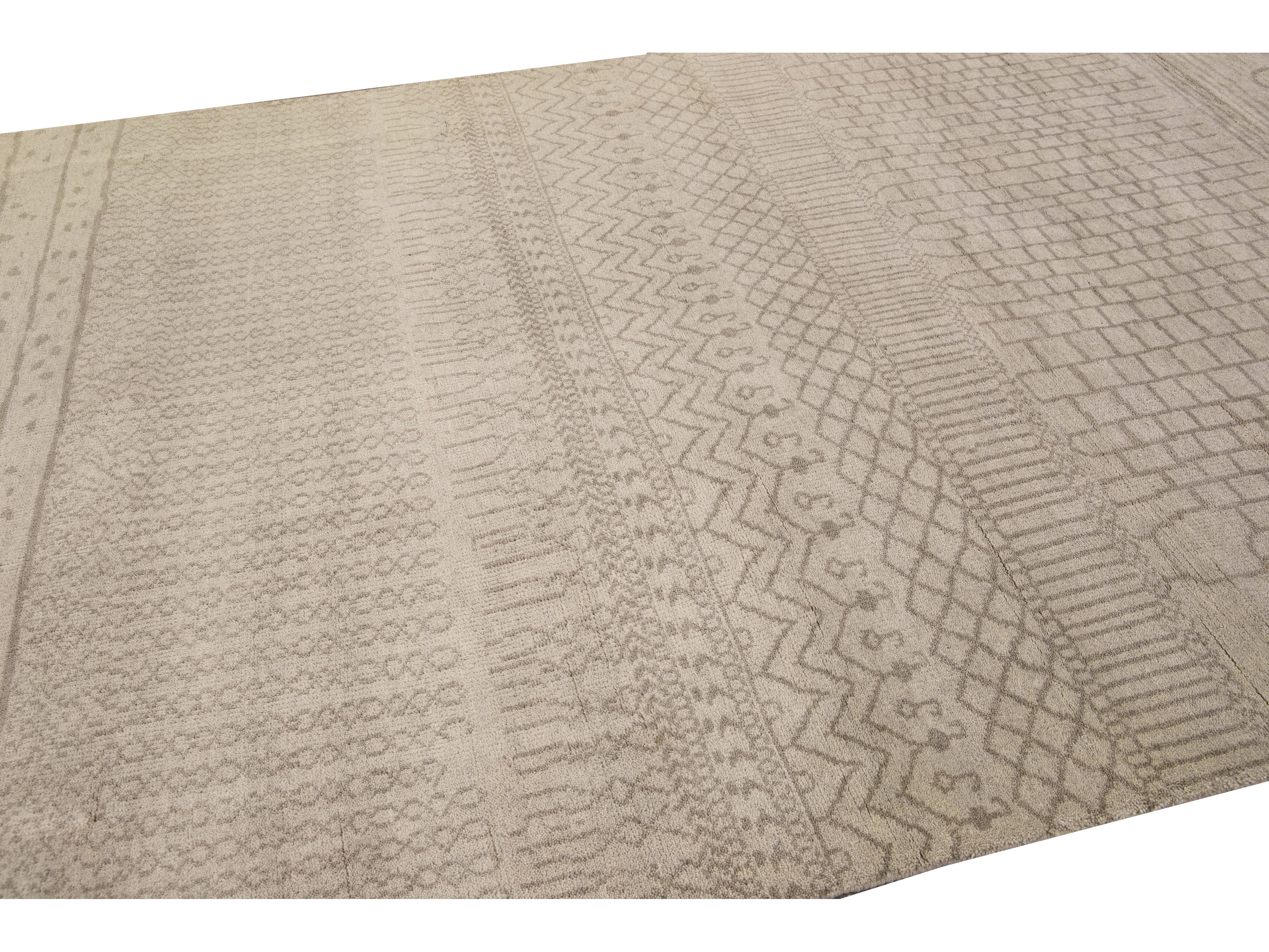 Modern Moroccan Style Handmade Designed Beige Wool Rug
