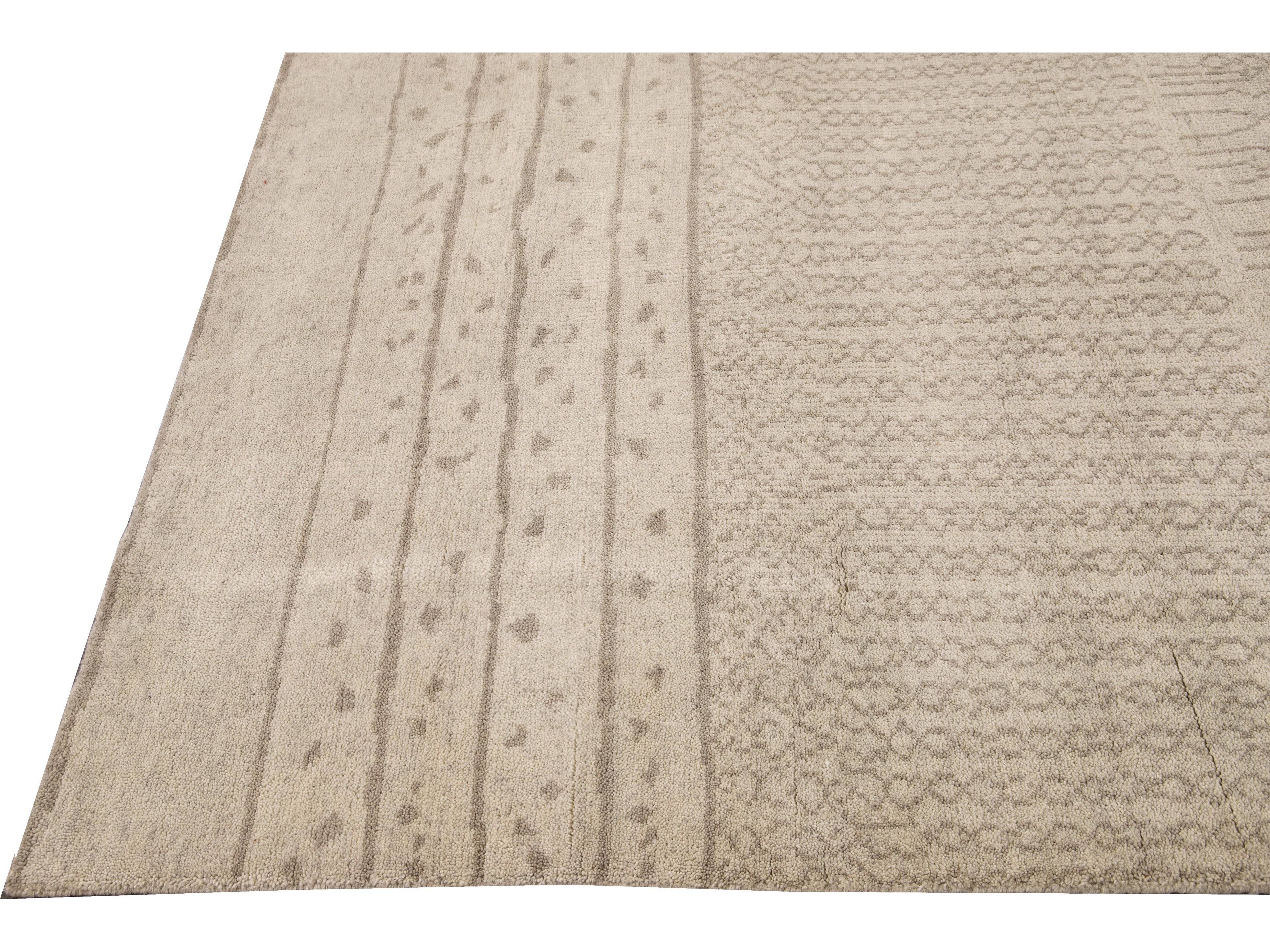 Modern Moroccan Style Handmade Designed Beige Wool Rug