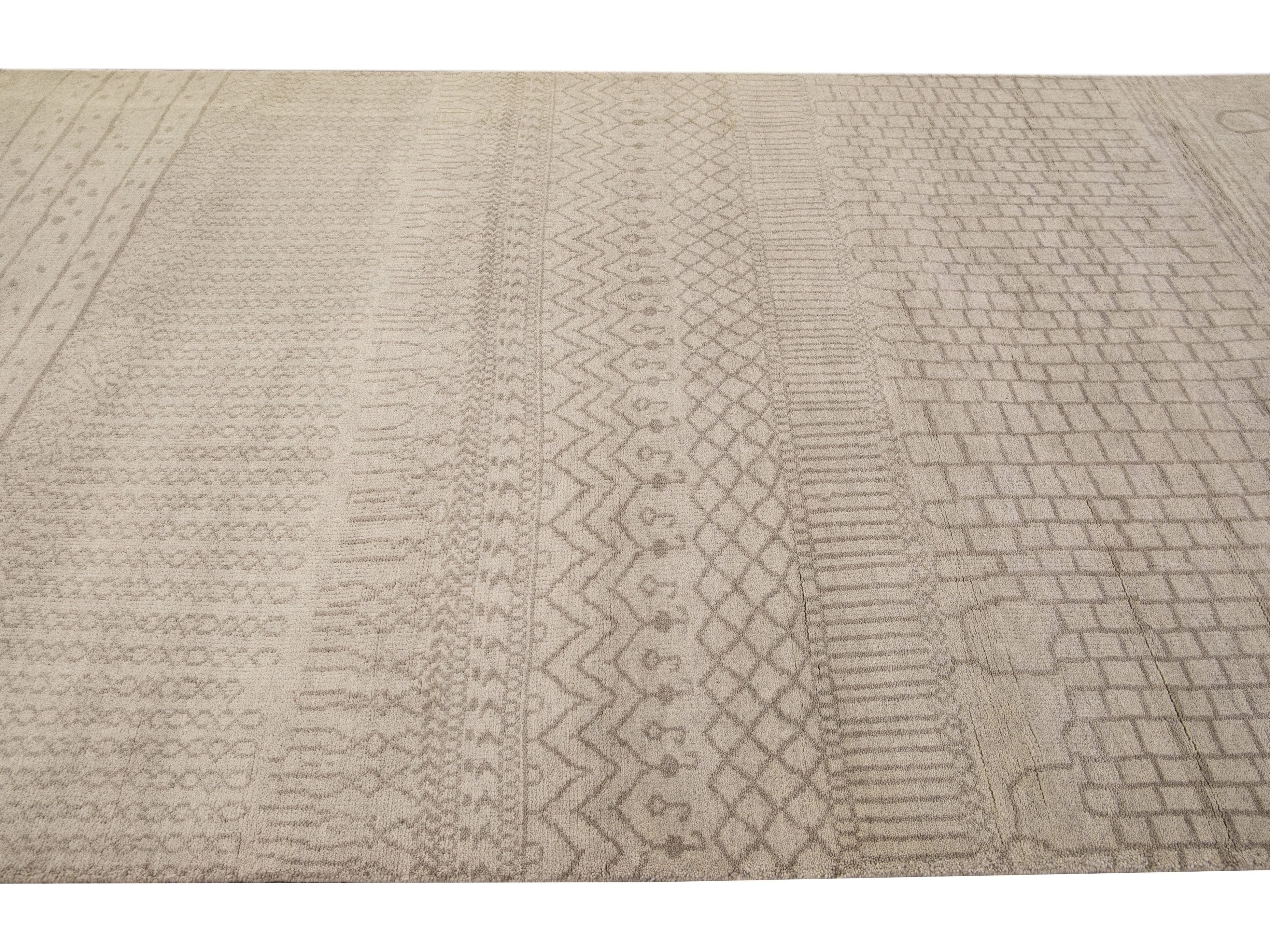 Modern Moroccan Style Handmade Designed Beige Wool Rug