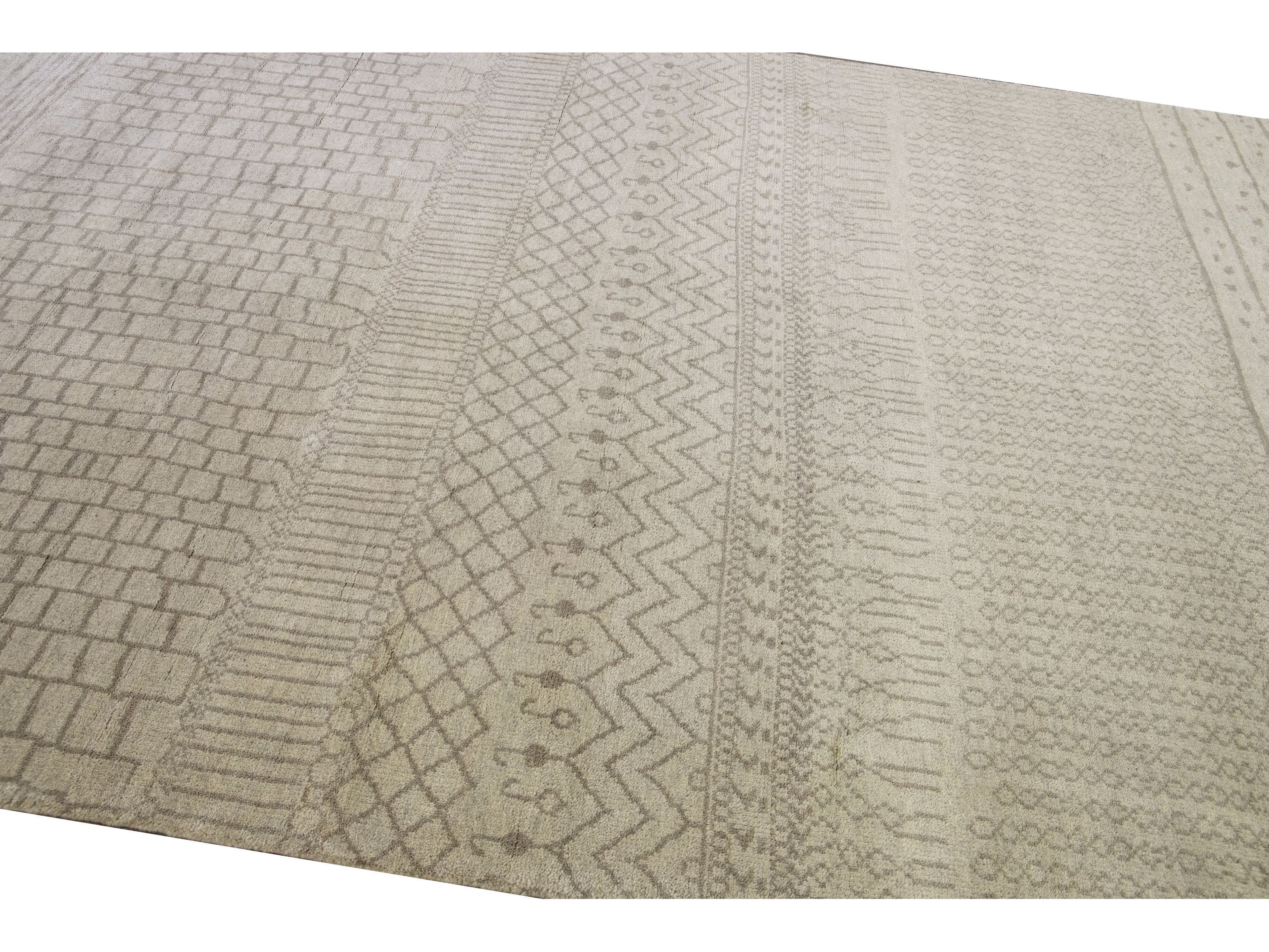 Modern Moroccan Style Handmade Designed Beige Wool Rug