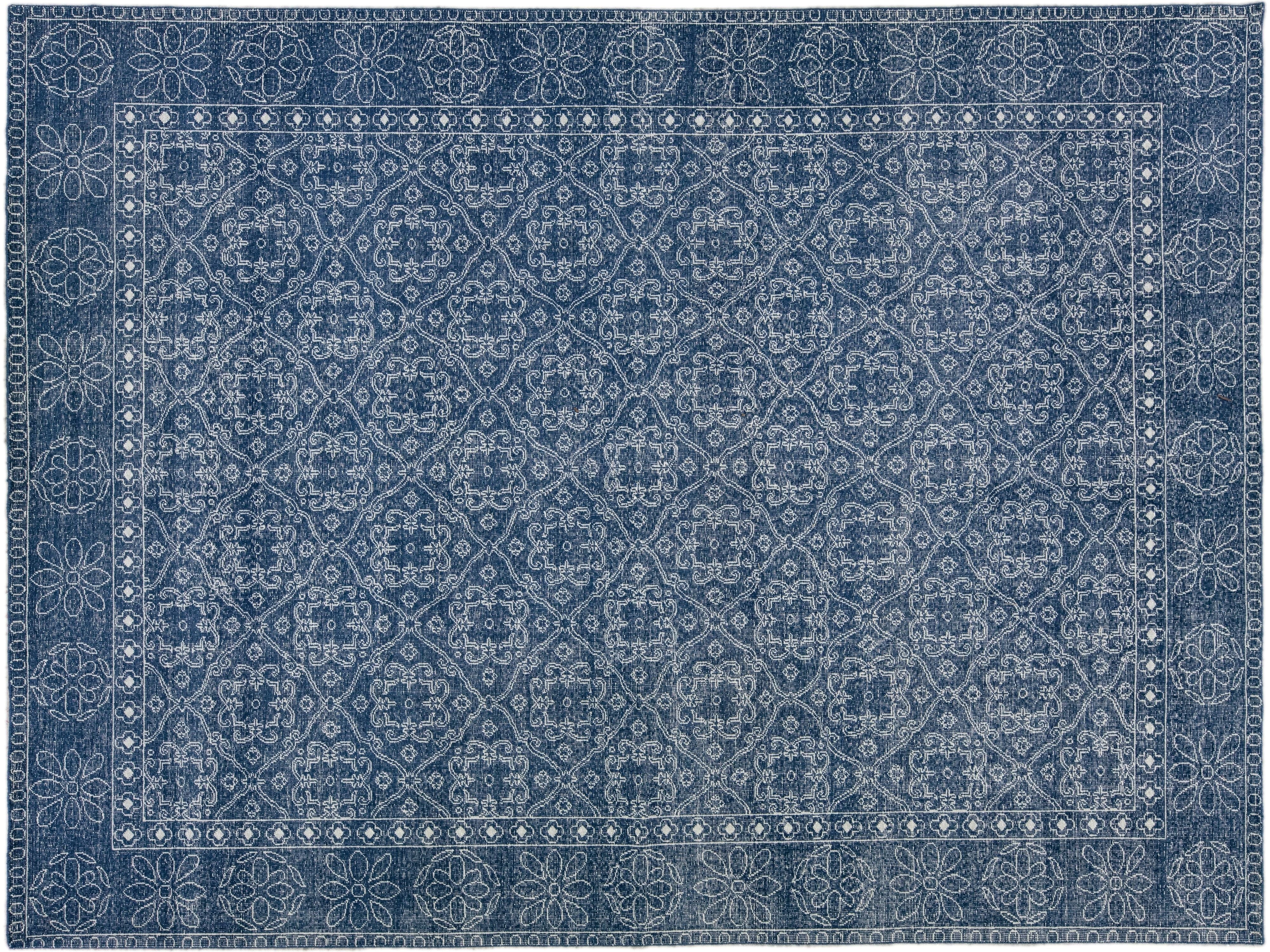 Mid-Century Modern Style Handmade Floral Trellis Motif Navy Blue Wool Rug