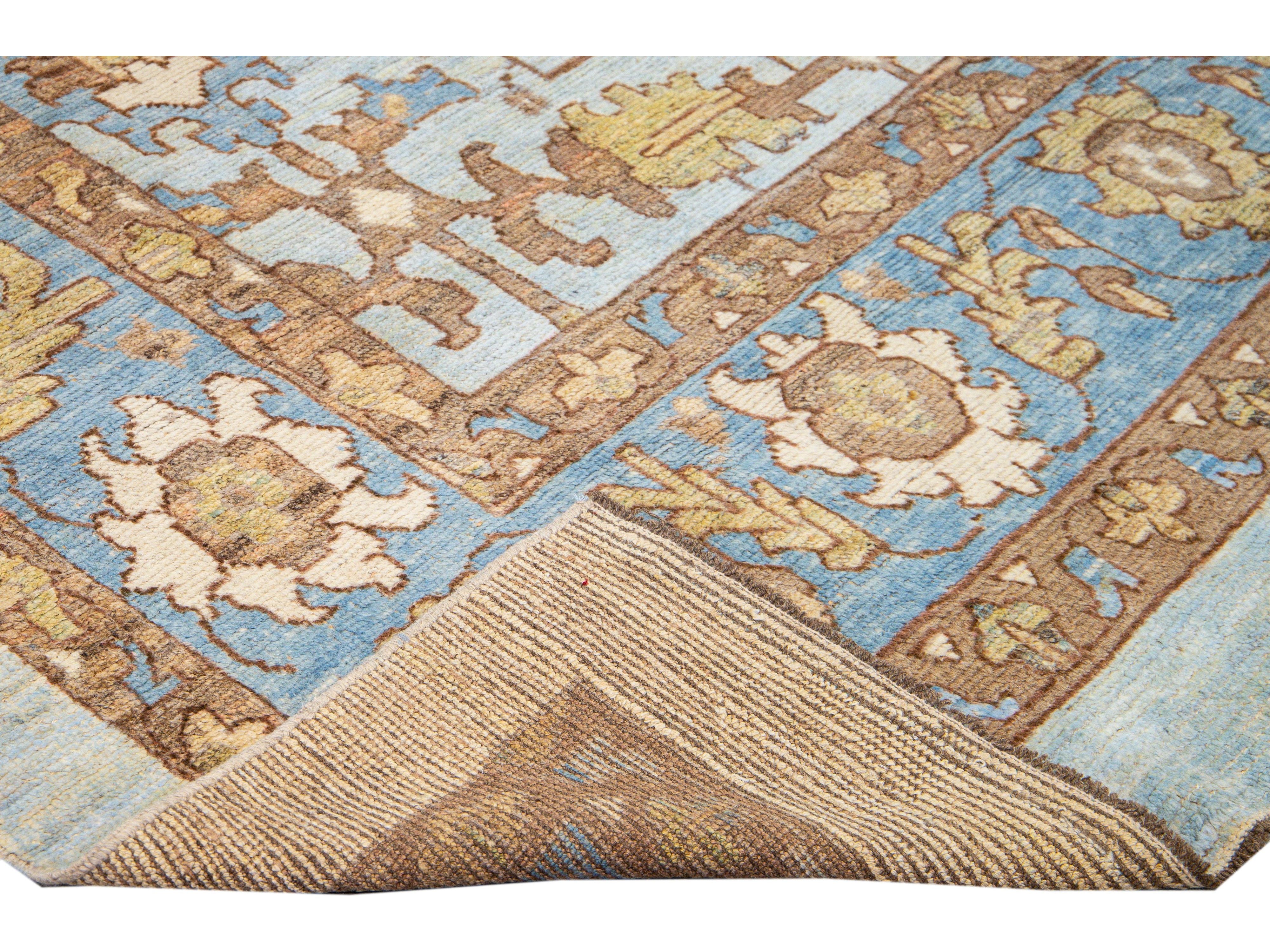 Modern Oushak Handmade Blue Designed Floral Pattern Oversize Wool Rug