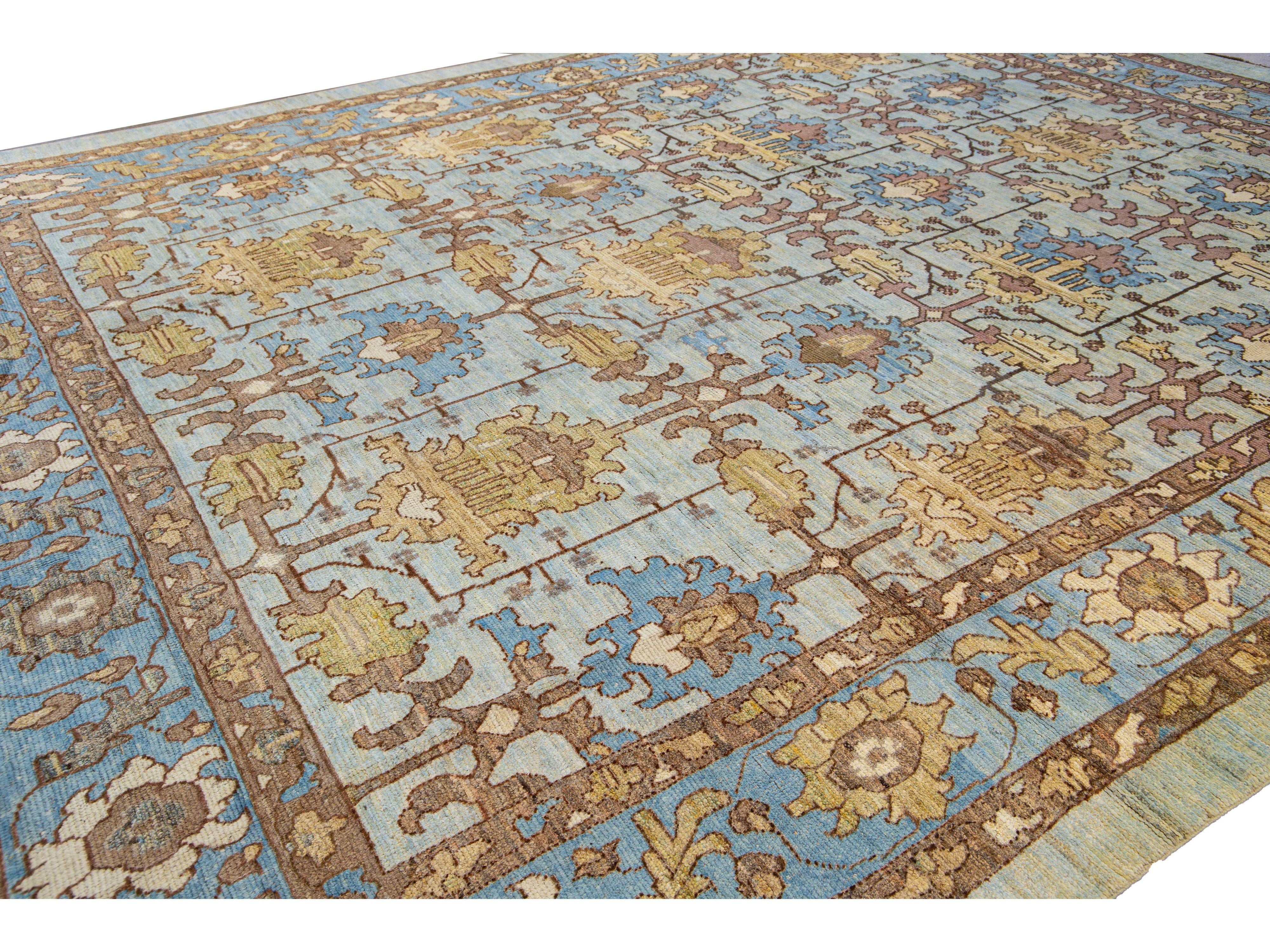 Modern Oushak Handmade Blue Designed Floral Pattern Oversize Wool Rug