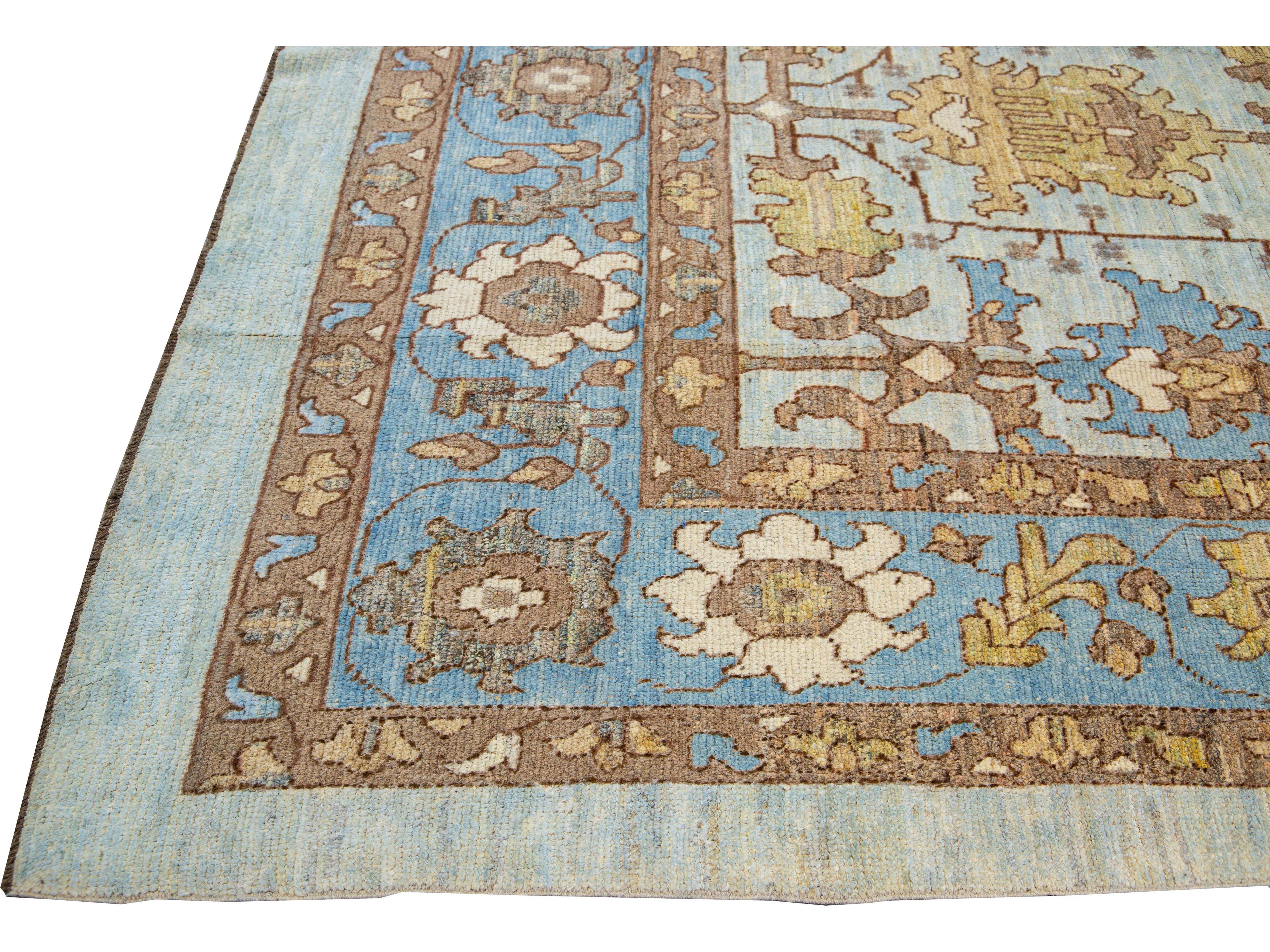 Modern Oushak Handmade Blue Designed Floral Pattern Oversize Wool Rug