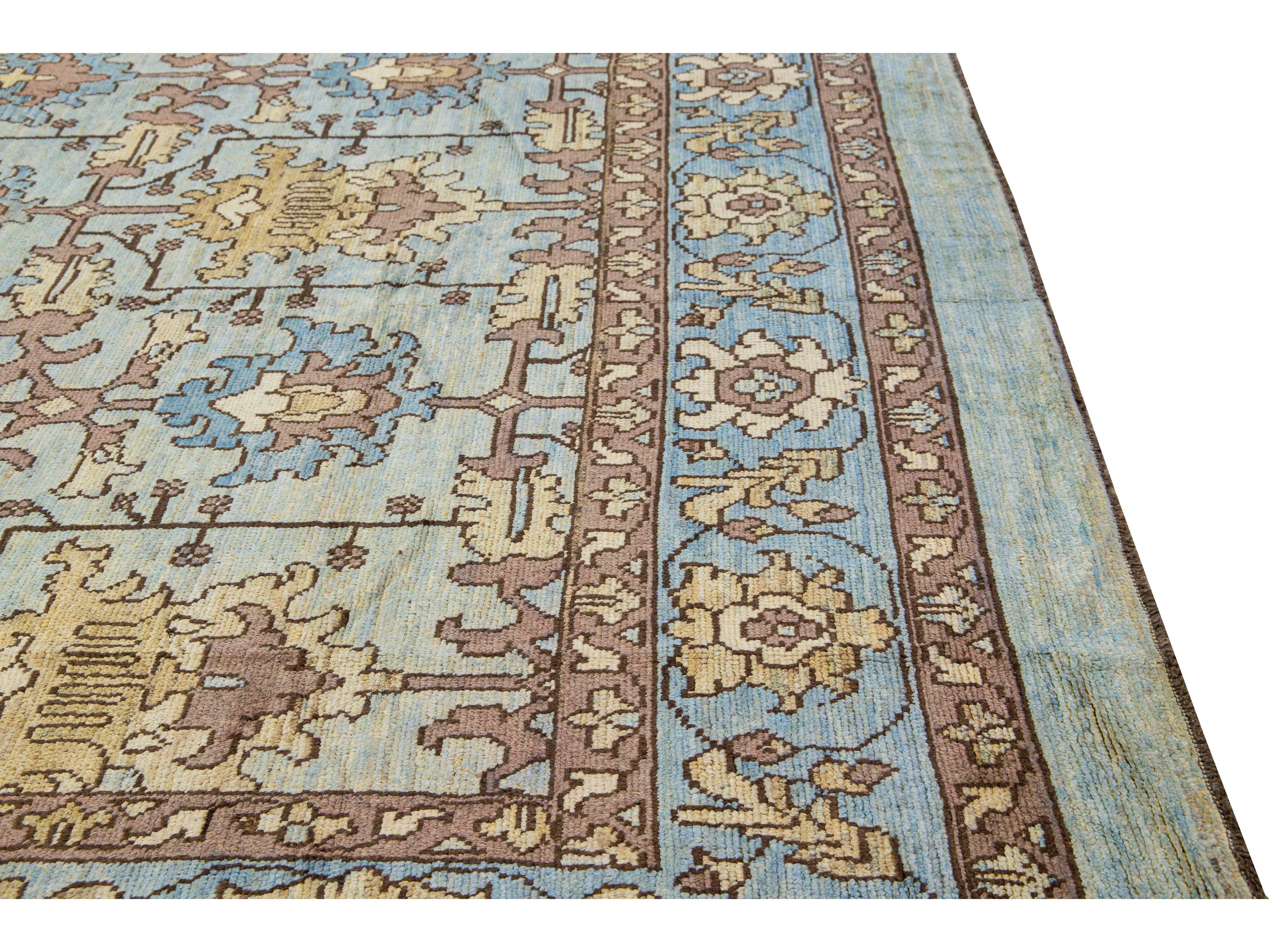 Modern Oushak Handmade Blue Designed Floral Pattern Oversize Wool Rug