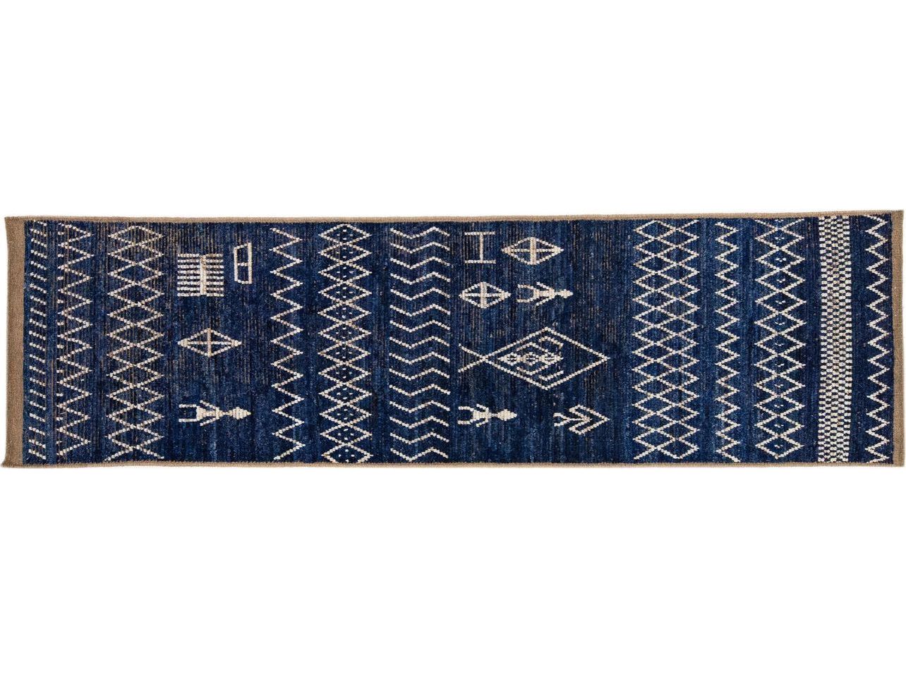 Navy Blue Modern Moroccan Style Handmade Wool Runner with Tribal Design