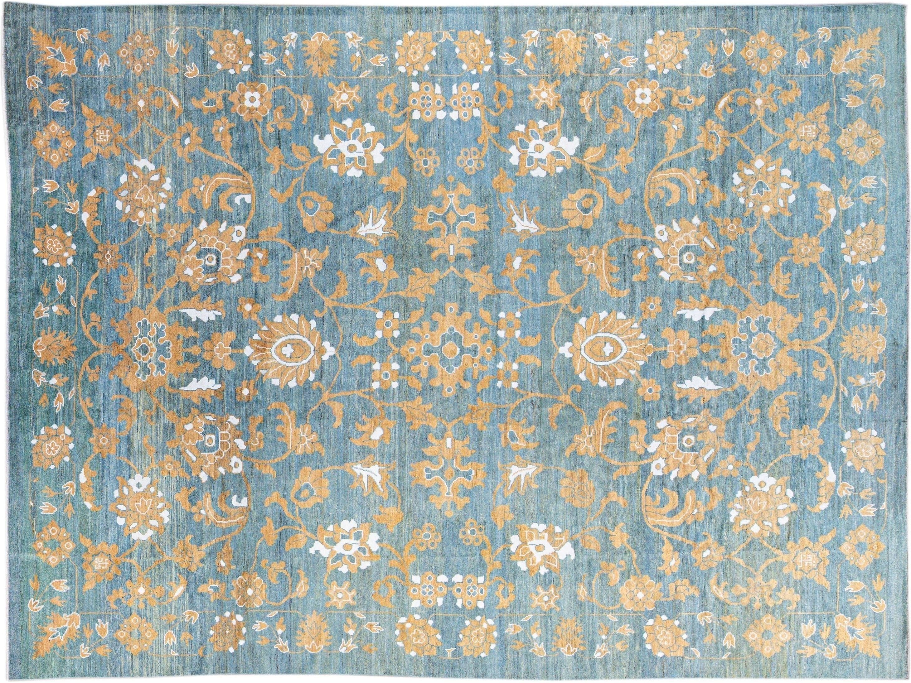 Modern Oushak Blue Handmade Tribal Floral Oversize Wool Rug