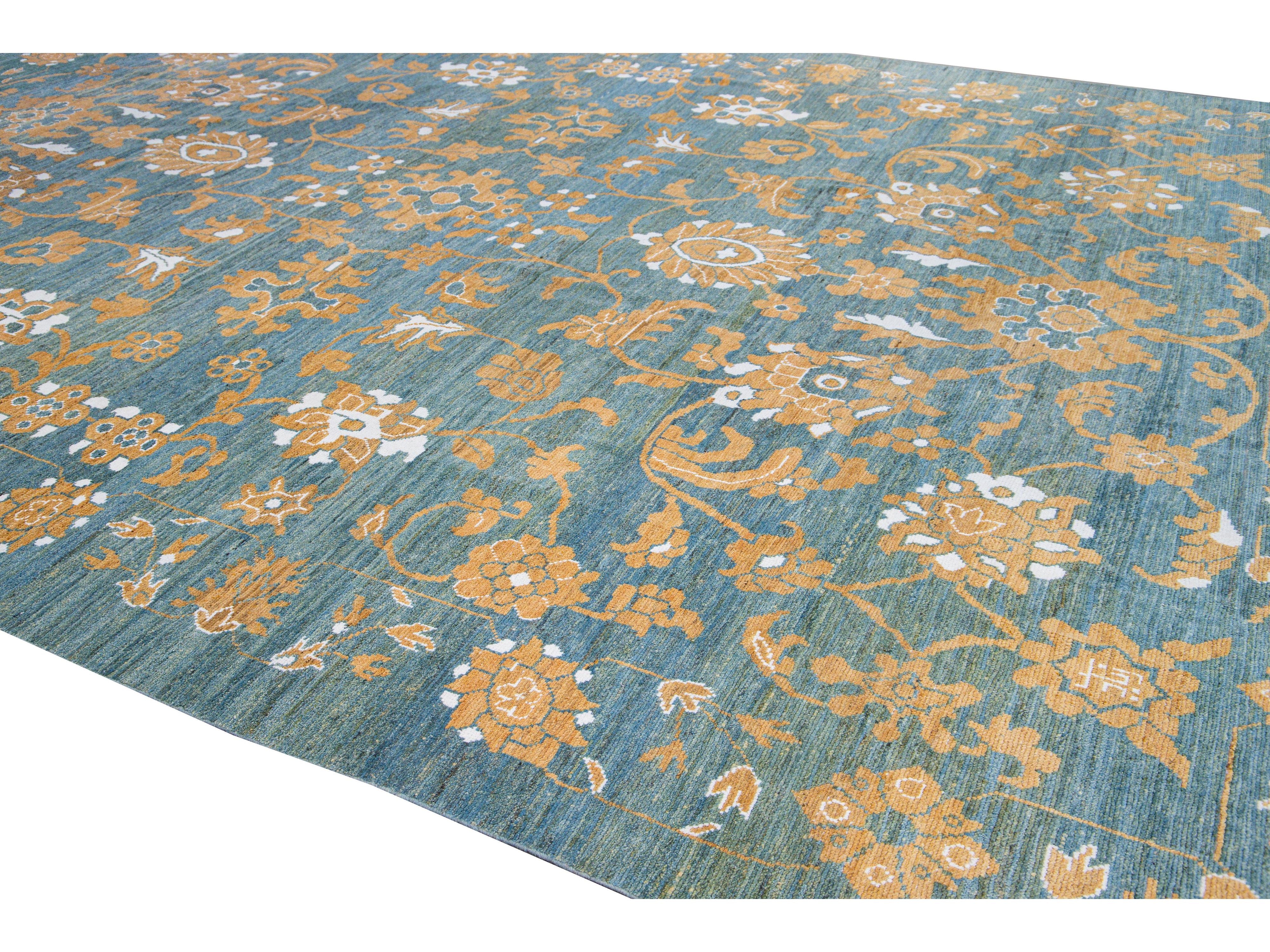 Modern Oushak Blue Handmade Tribal Floral Oversize Wool Rug