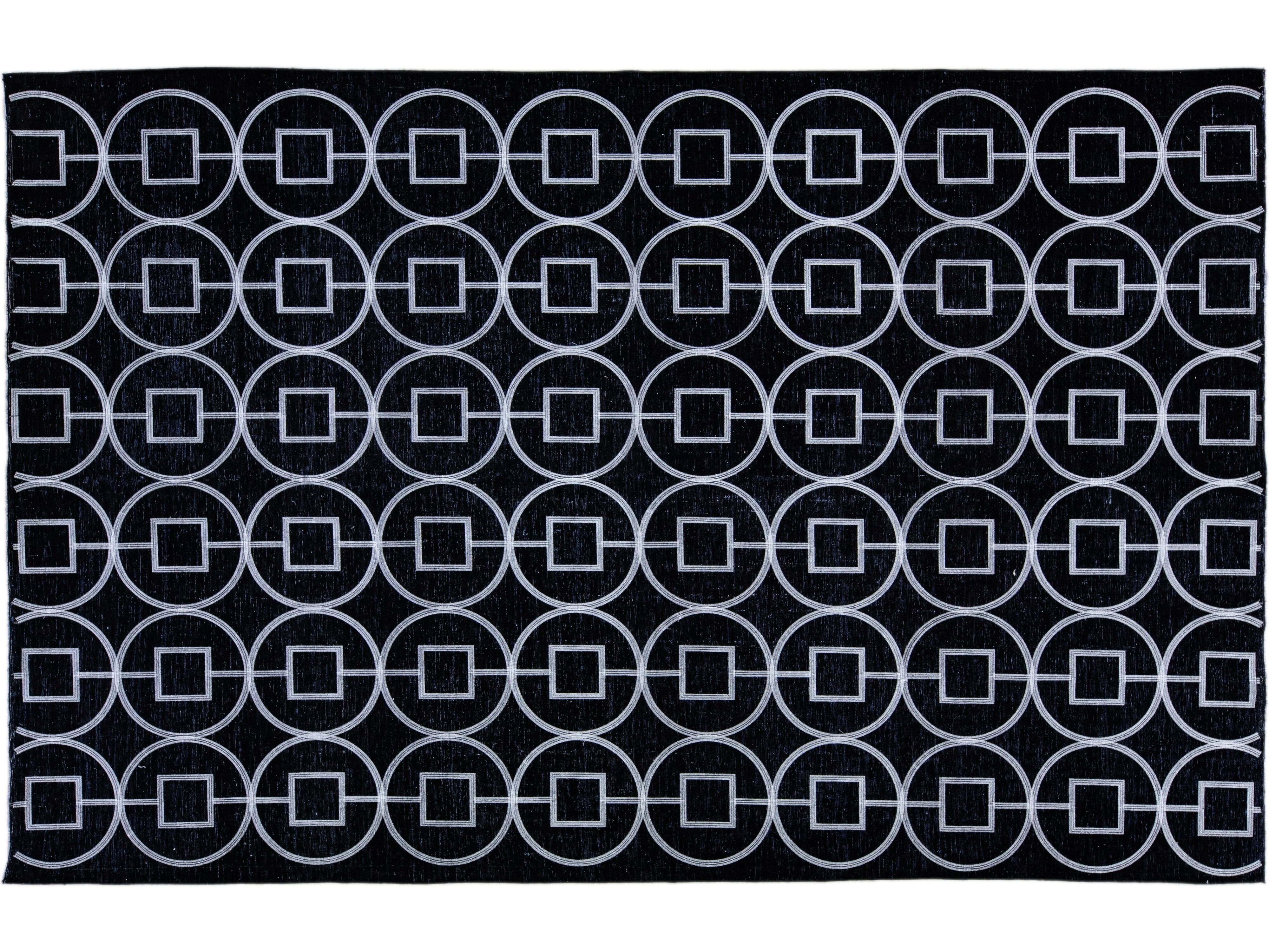 Modern Turkish Handmade Geometric Pattern Black Wool Rug