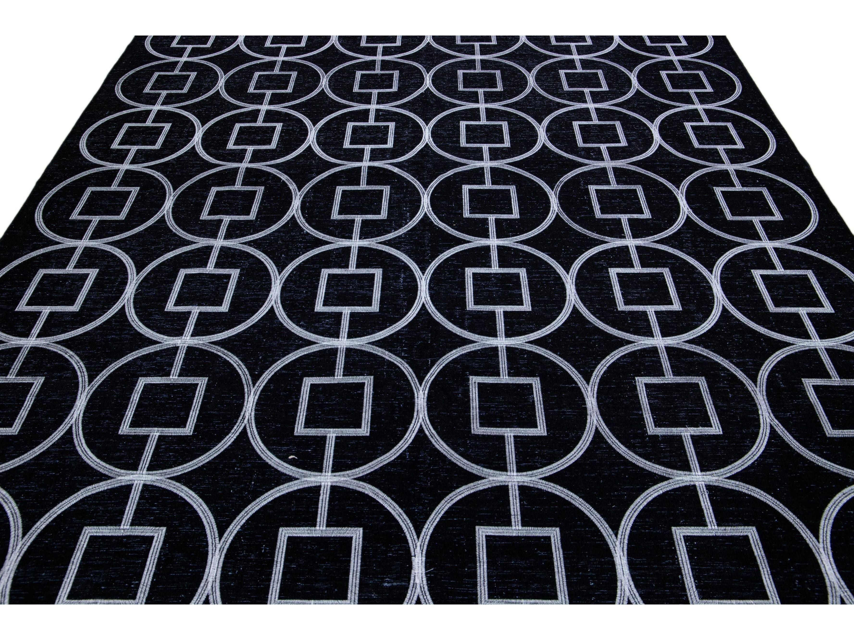 Modern Turkish Handmade Geometric Pattern Black Wool Rug