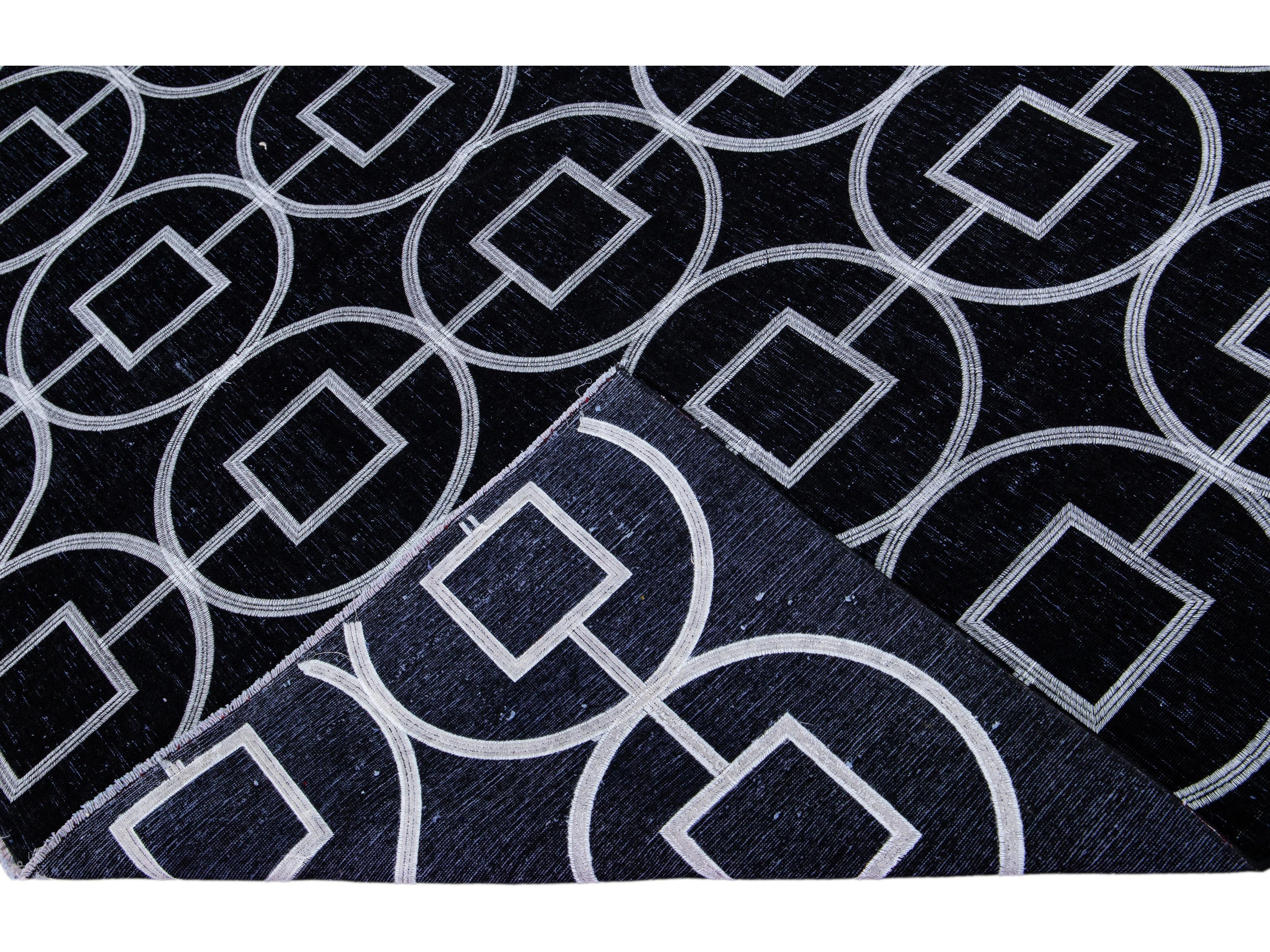 Modern Turkish Handmade Geometric Pattern Black Wool Rug