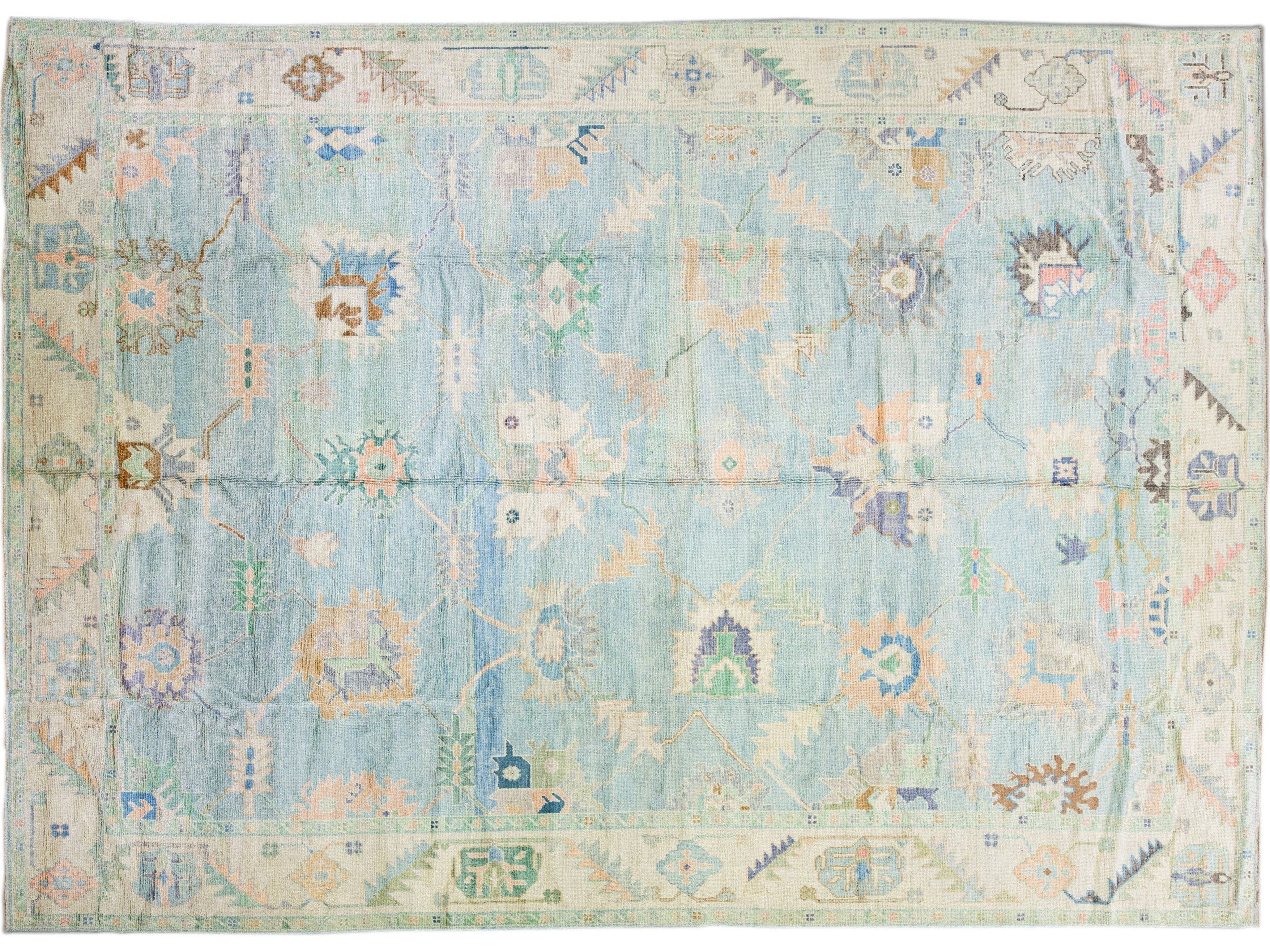 Modern Turkish Oushak Blue Handmade Floral Oversize Wool Rug
