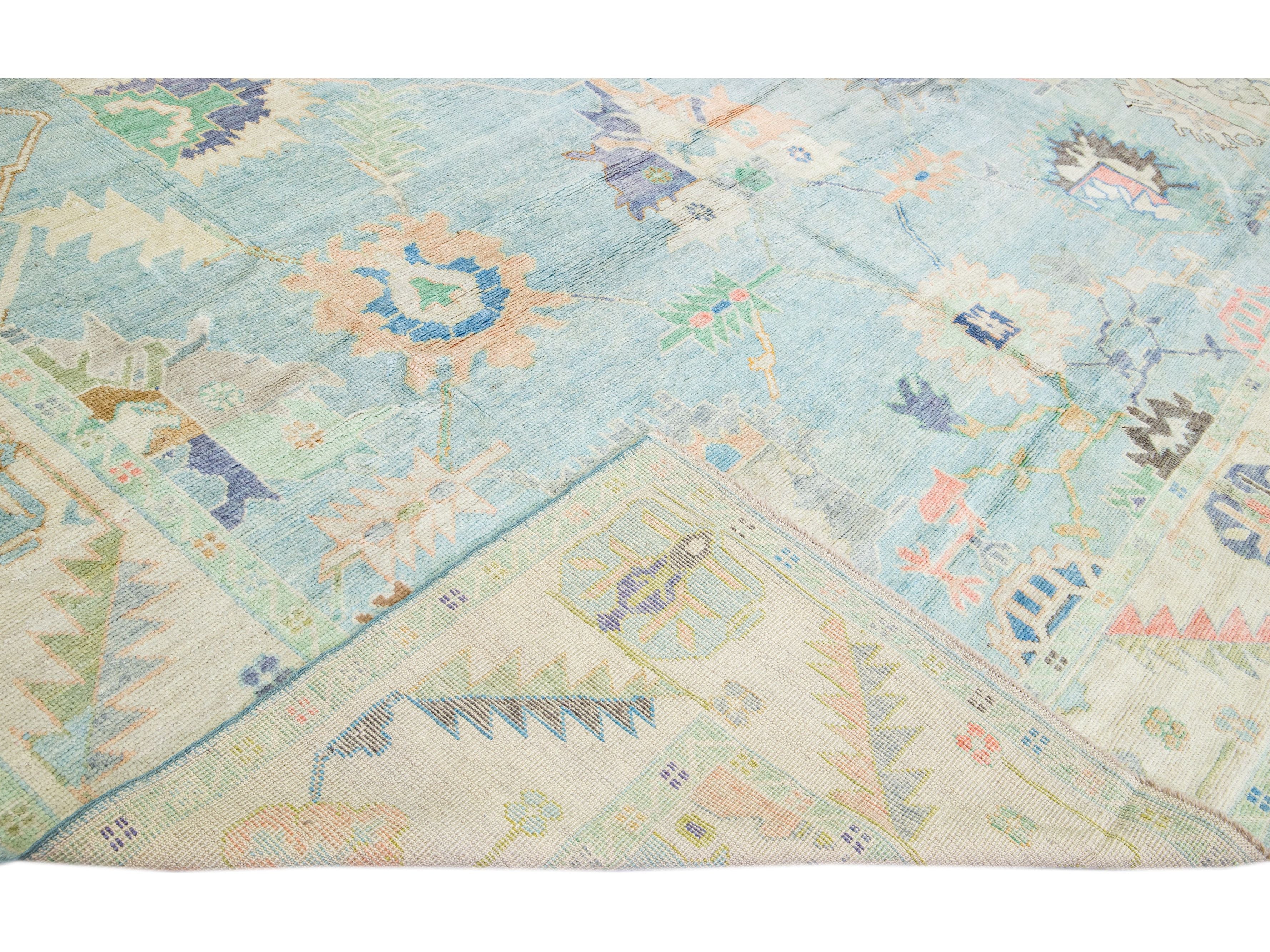 Modern Turkish Oushak Blue Handmade Floral Oversize Wool Rug