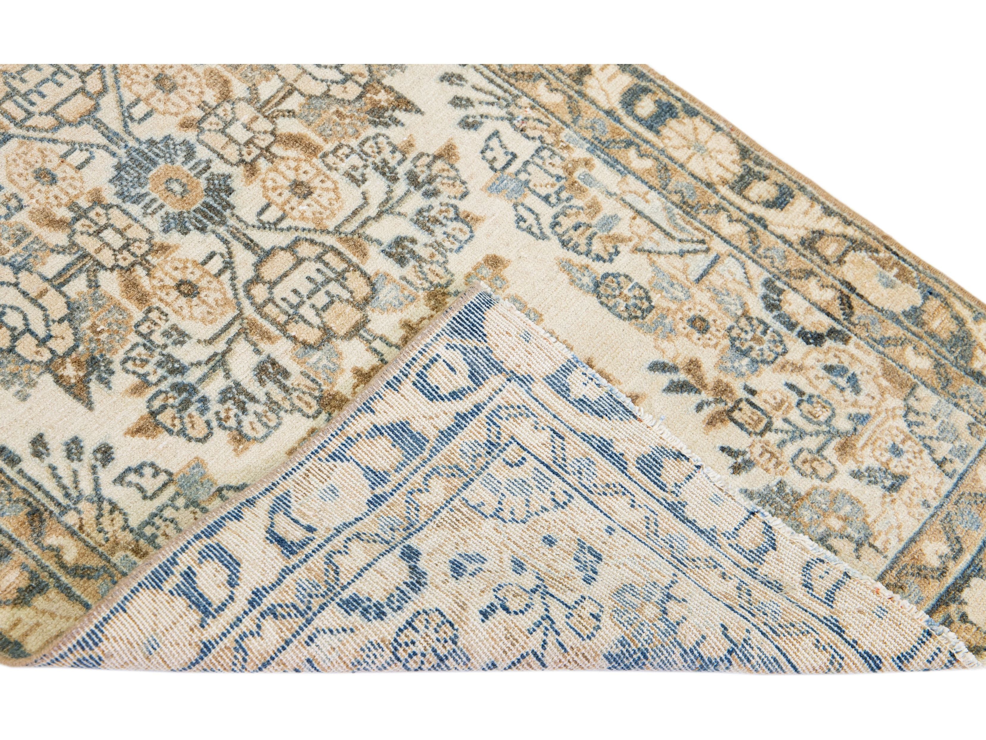 Antique Persian Heriz Handmade Floral Beige Long Wool Runner