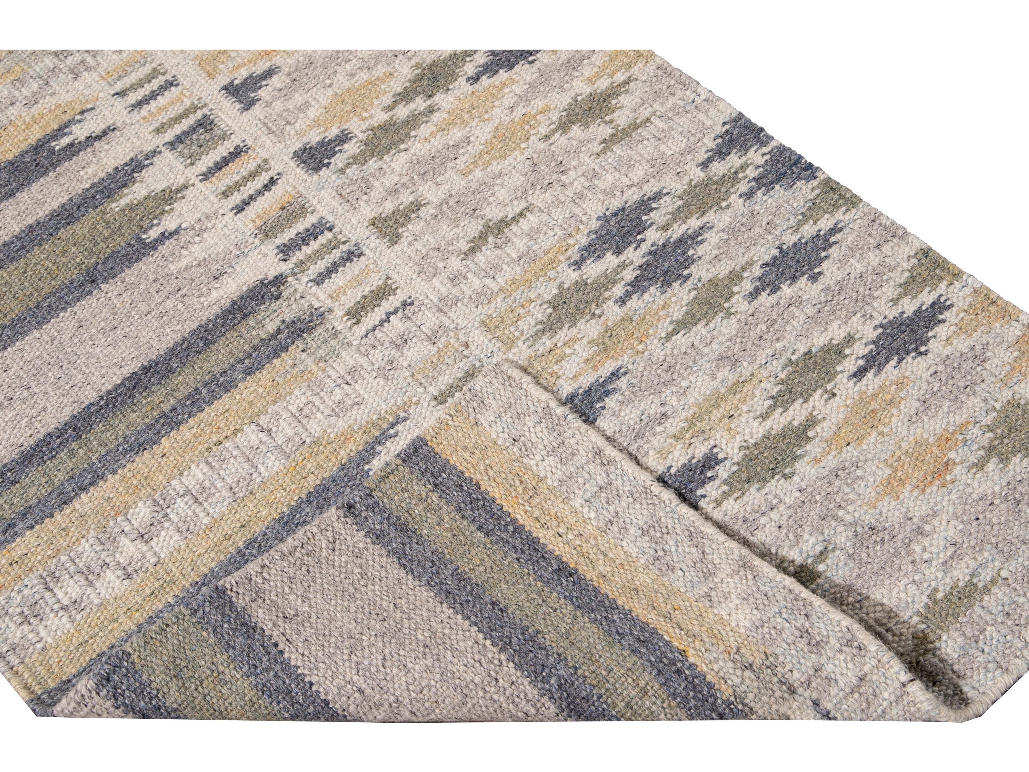 Modern Swedish Style Beige Handmade Geometric Wool Runner
