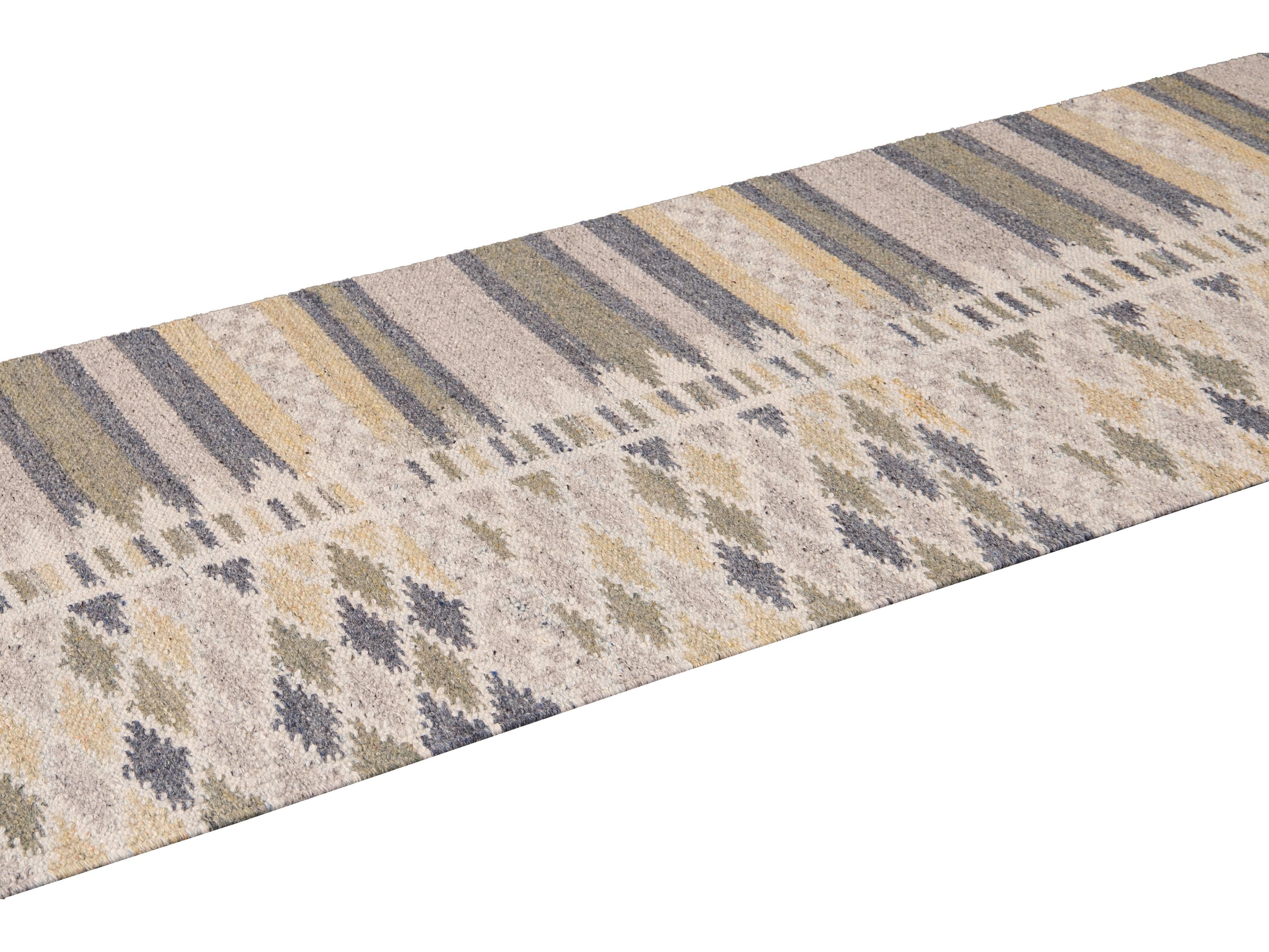 Modern Swedish Style Beige Handmade Geometric Wool Runner