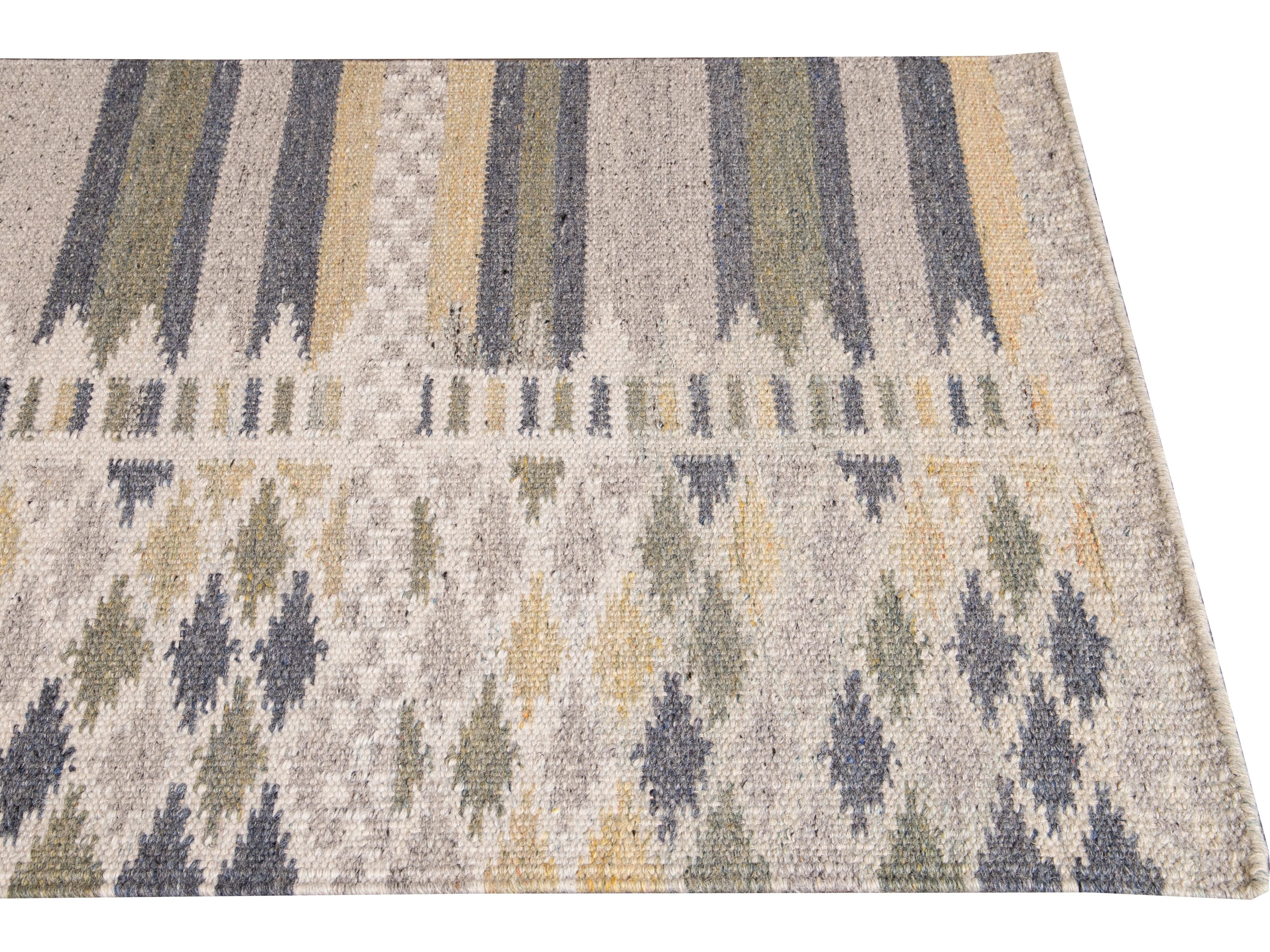 Modern Swedish Style Beige Handmade Geometric Wool Runner