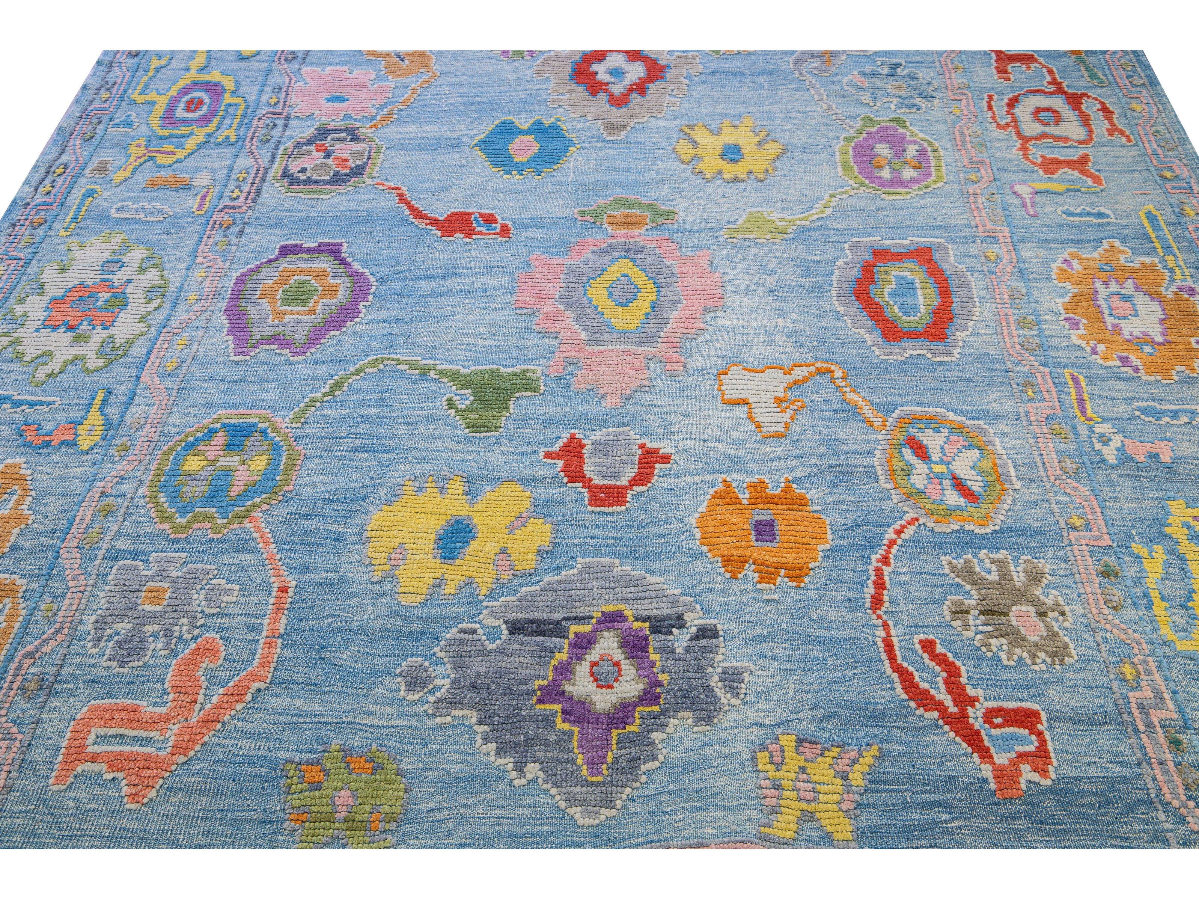 Modern Tulu Handmade Geometric Blue Wool Rug
