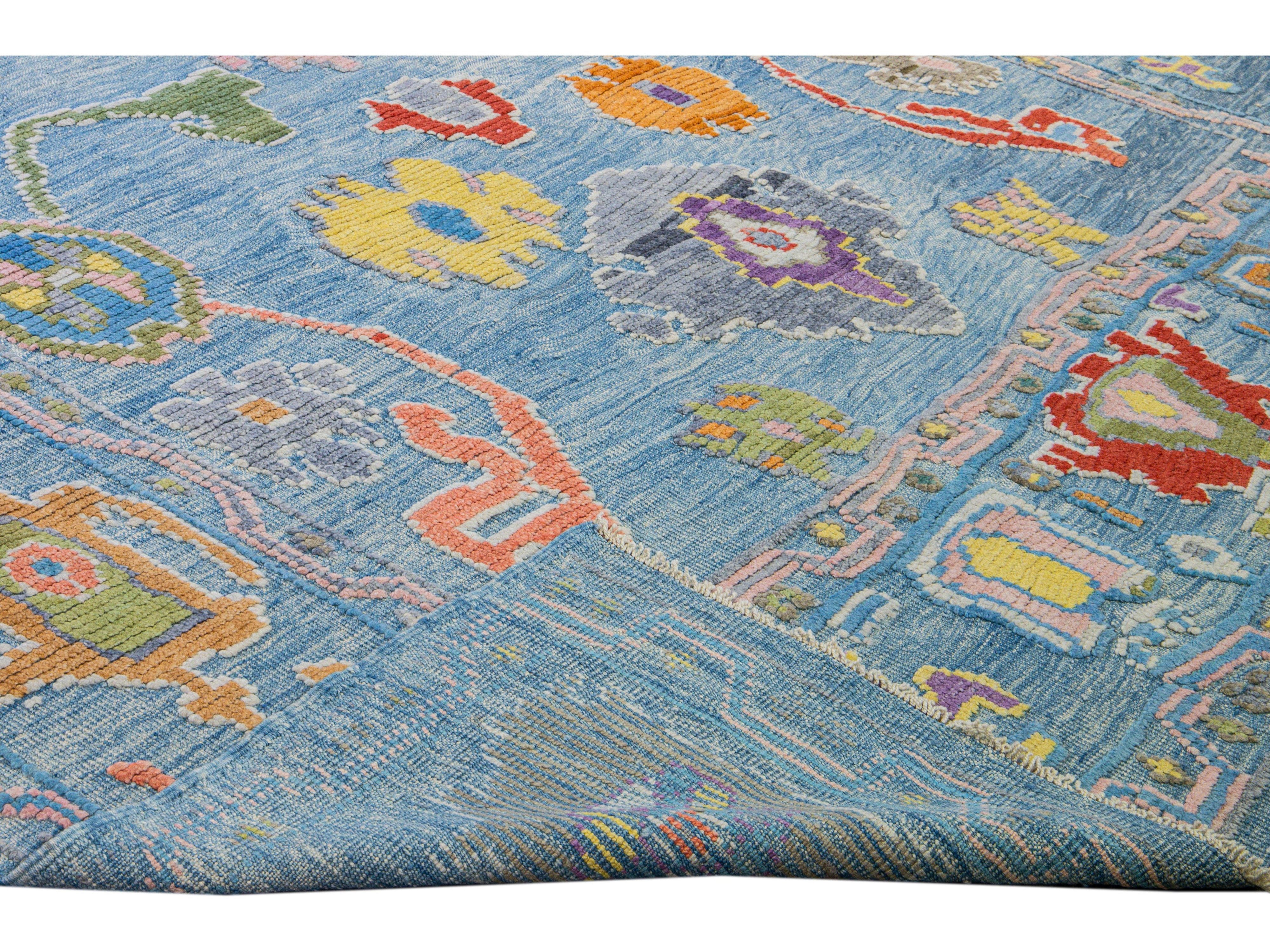 Modern Tulu Handmade Geometric Blue Wool Rug
