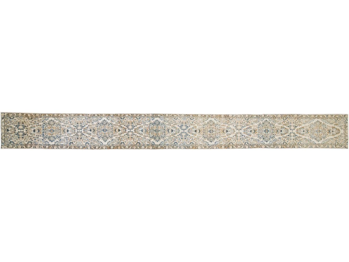 Antique Persian Heriz Handmade Floral Beige Long Wool Runner