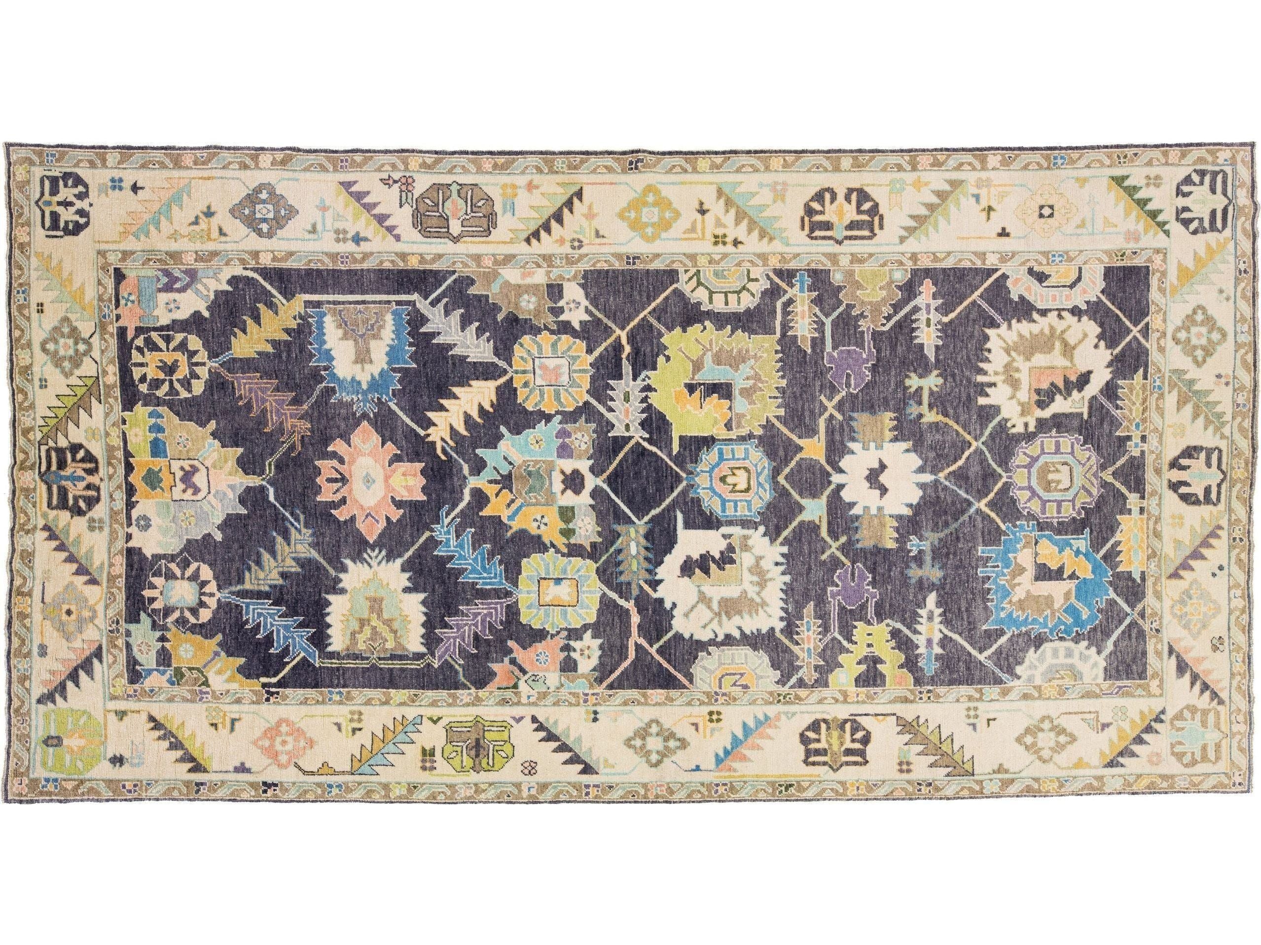 Modern Turkish Oushak Handmade Allover Motif Beige and Gray Wool Rug