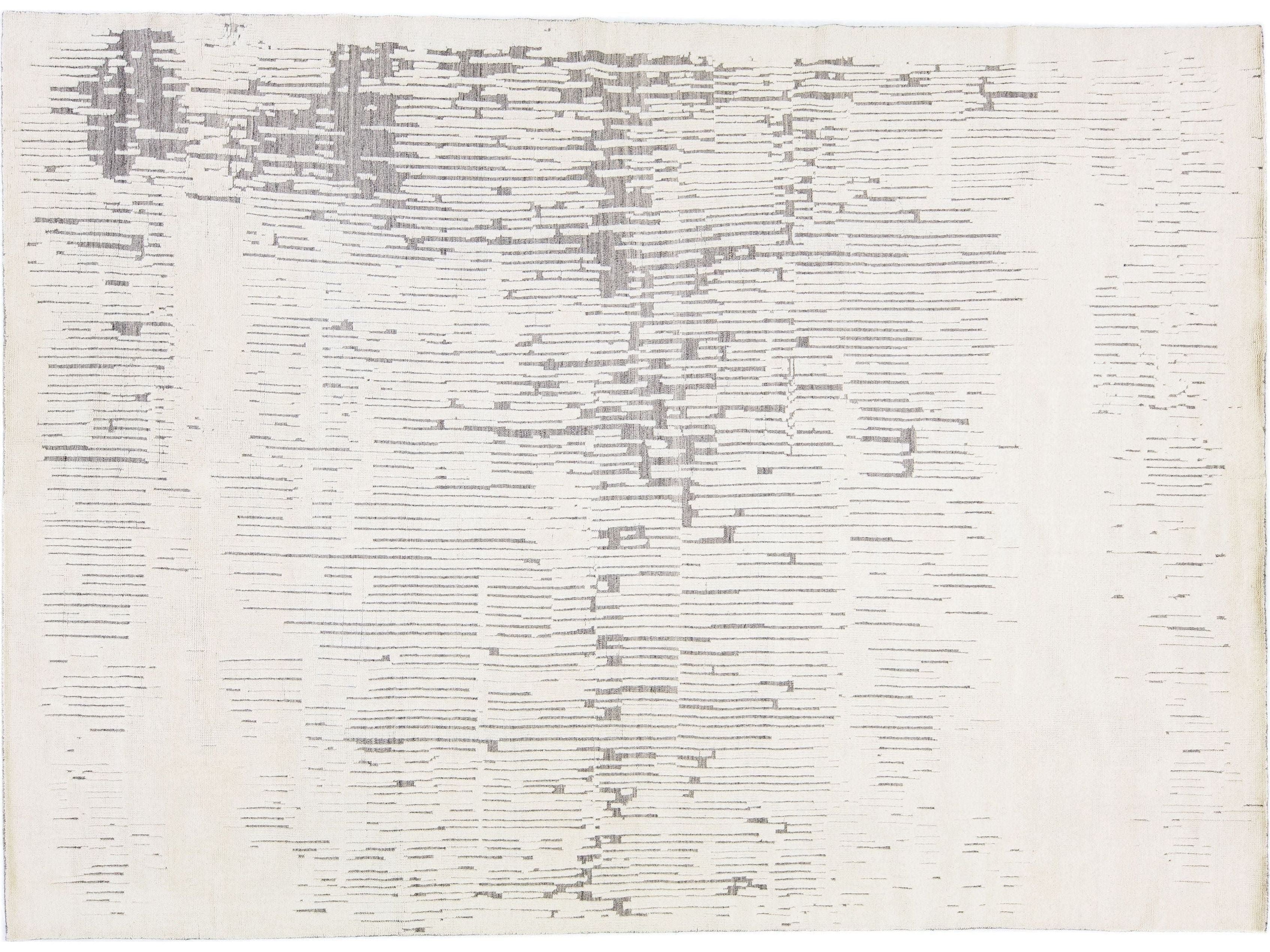 Modern Moroccan Style Handmade Ivory Wool Rug with Abstract Design by Apadana